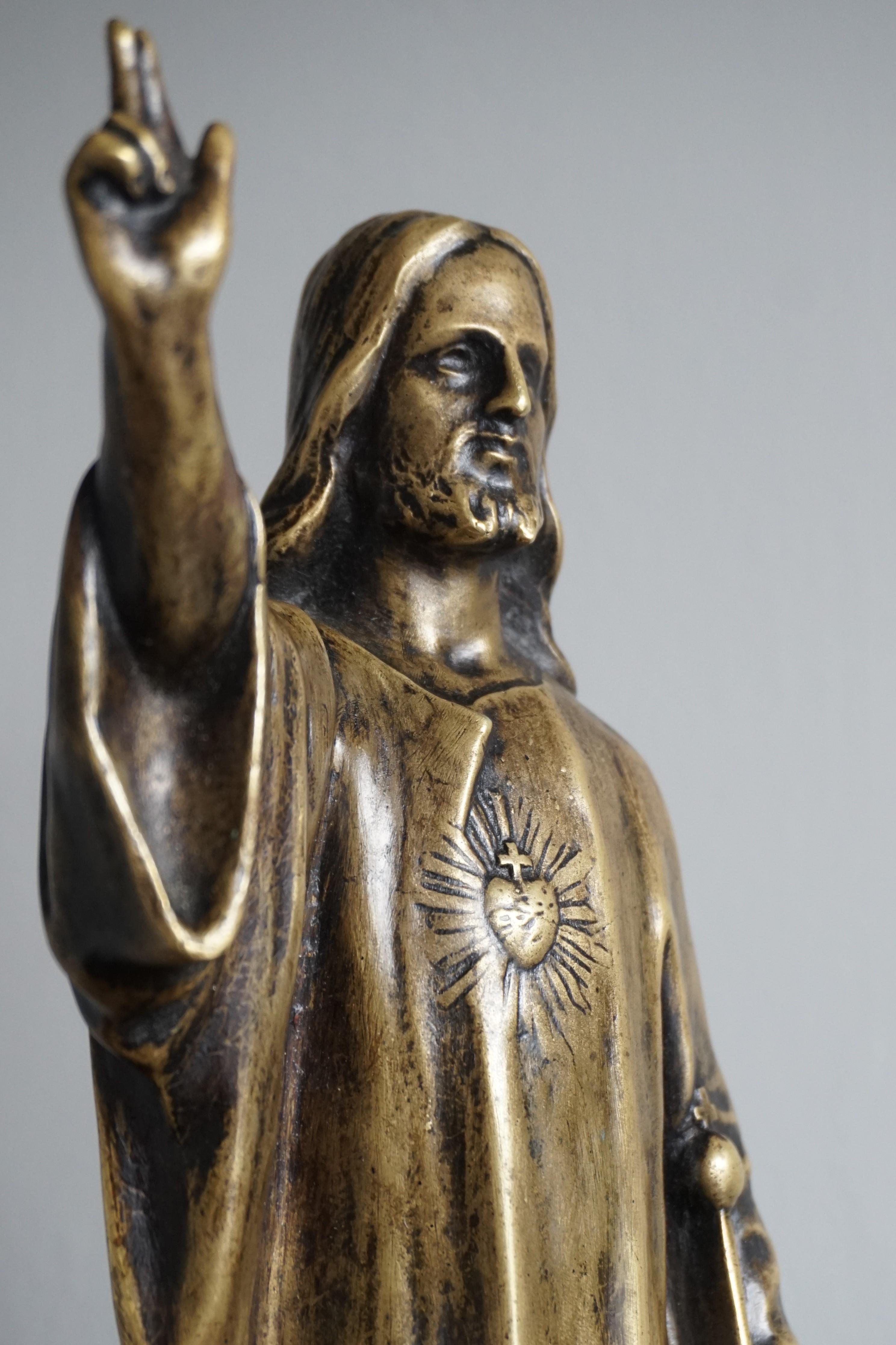 20th Century Antique Bronze Sacred Heart Sculpture / Statuette of Christ Holding a Scepter For Sale