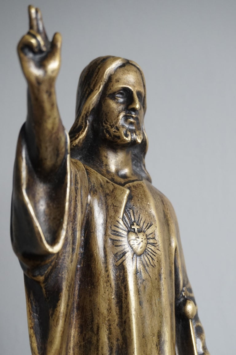 Antique Bronze Sacred Heart Sculpture / Statuette of Christ Holding a ...