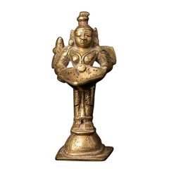 Antique Bronze Indian Lady Holding Oil Lamp from India