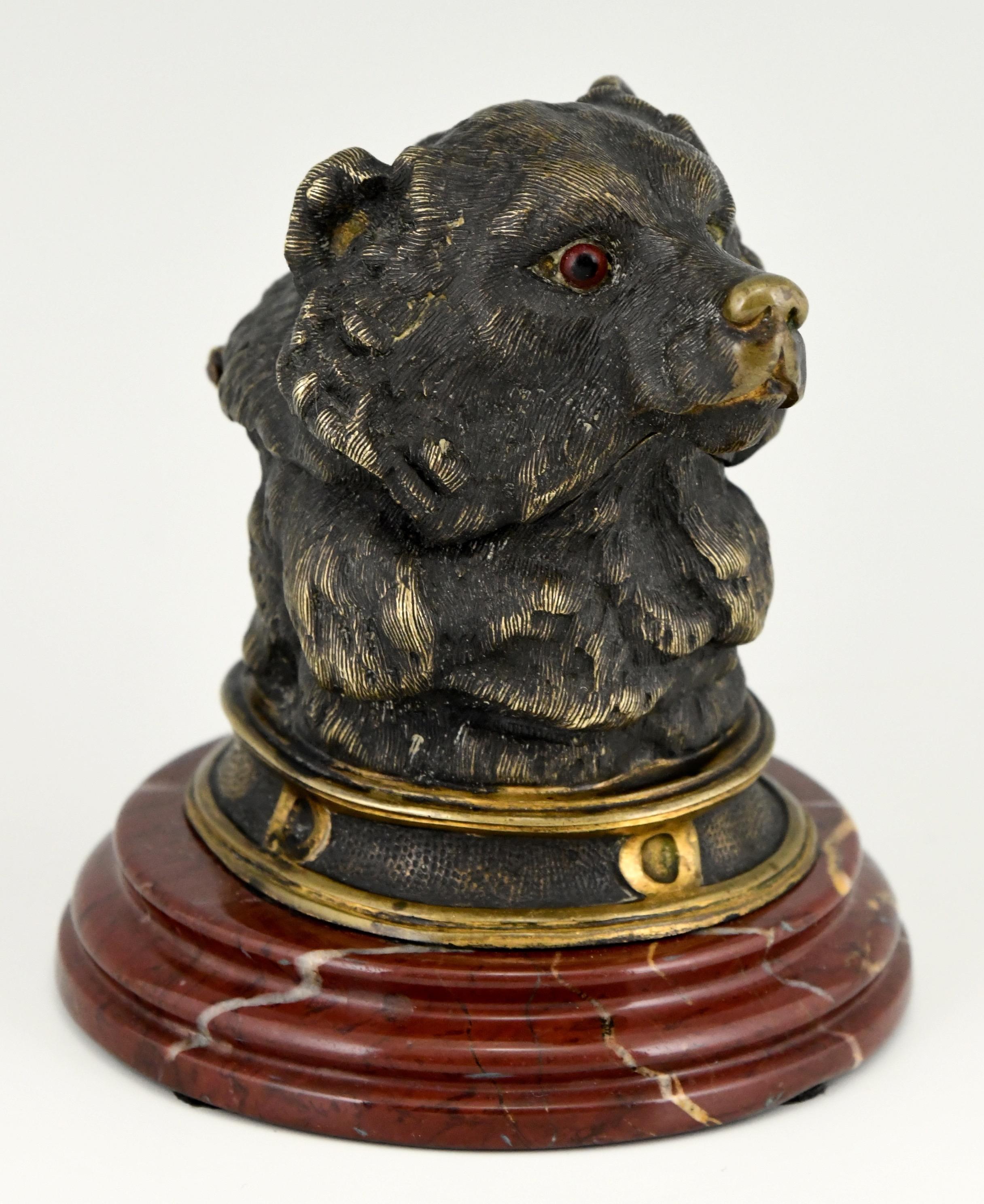 Art Nouveau Antique Bronze Inkwell with Bear's Head, France, ca. 1880 For Sale