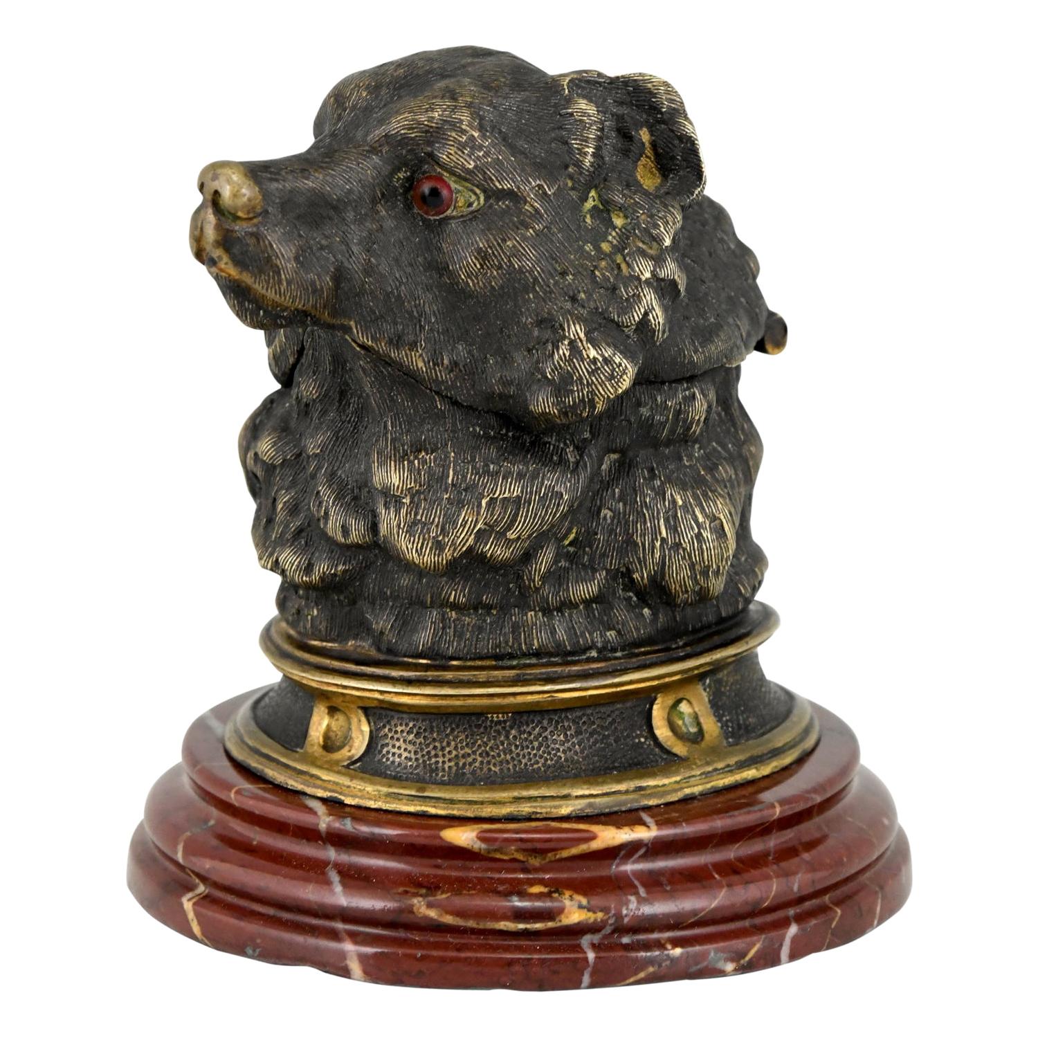 Antique Bronze Inkwell with Bear's Head, France, ca. 1880