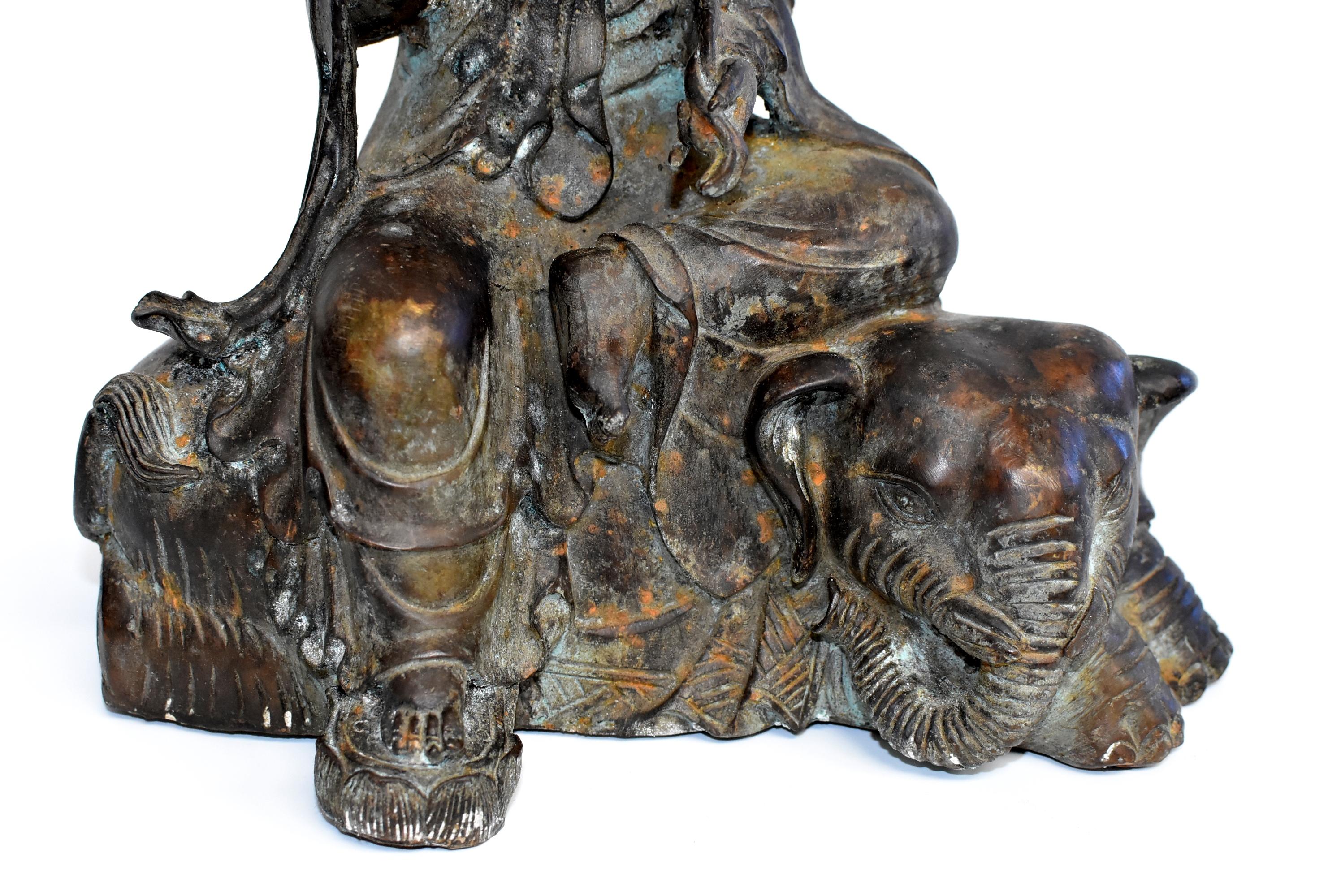 Antique Bronze Kwan Yin on Elephant In Good Condition In Somis, CA