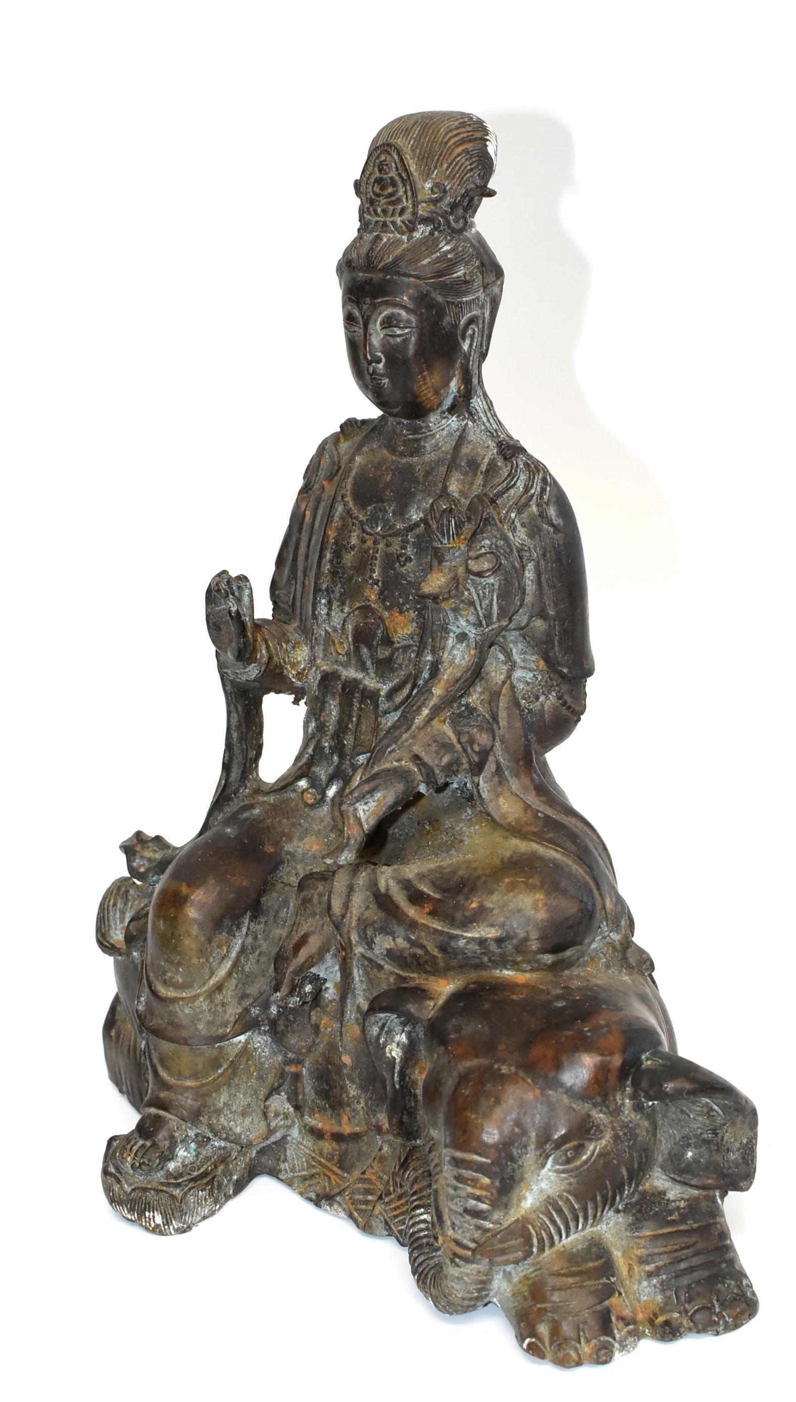 19th Century Antique Bronze Kwan Yin on Elephant