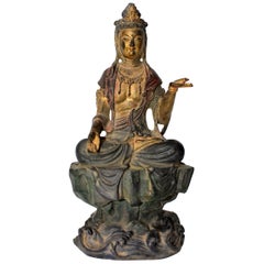 Statue de Kwan Yin en bronze ancien:: bénédiction