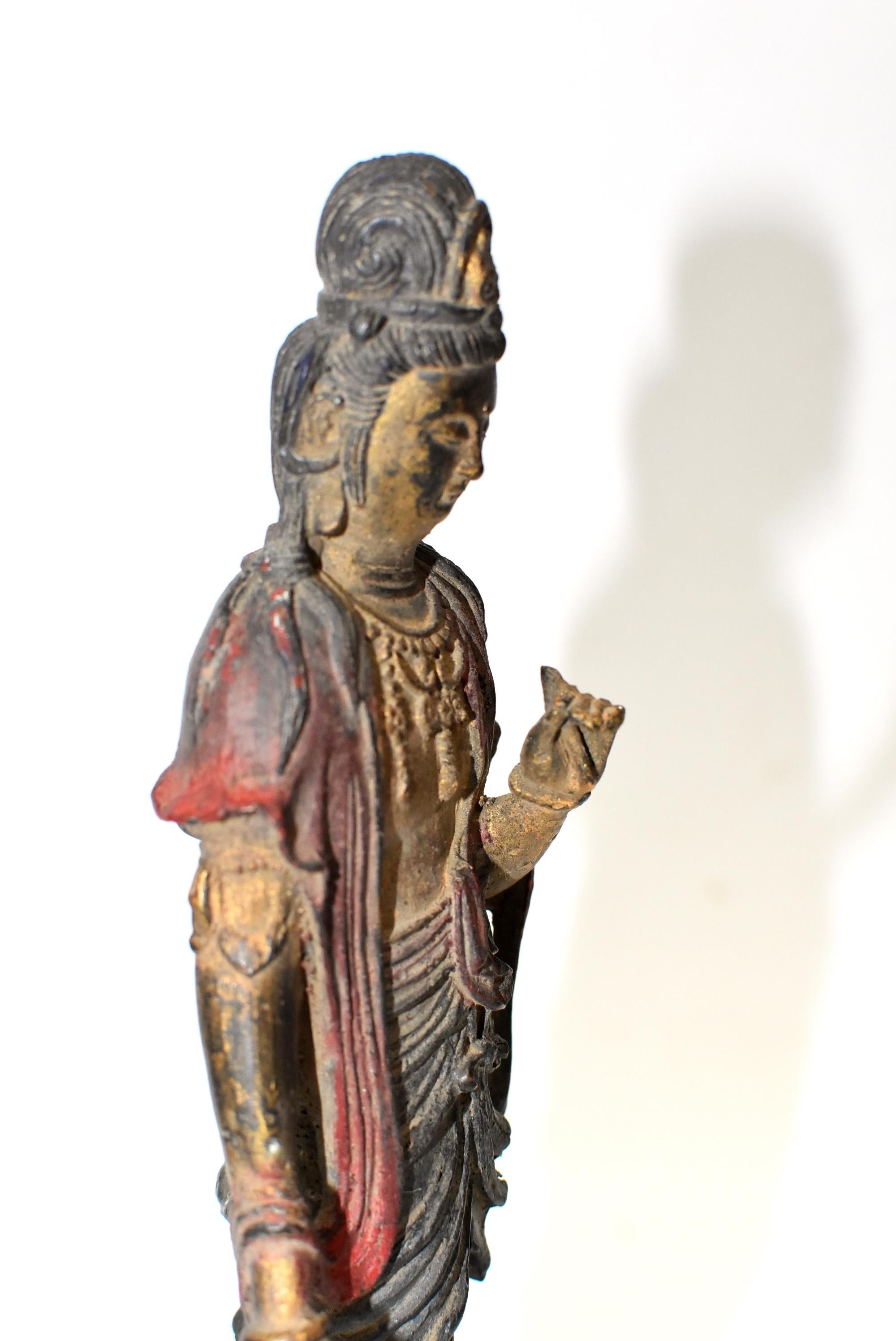 Antique Bronze Kwan Yin Statue, Standing In Good Condition In Somis, CA