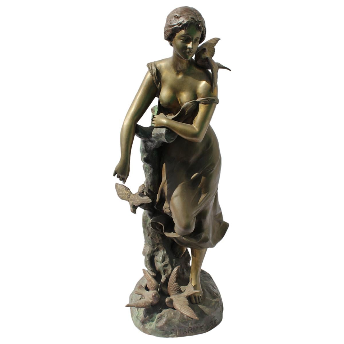 Antique Bronze Lady Figurine, Signed Champagne, Lg Title Charmeise circa 1900 For Sale