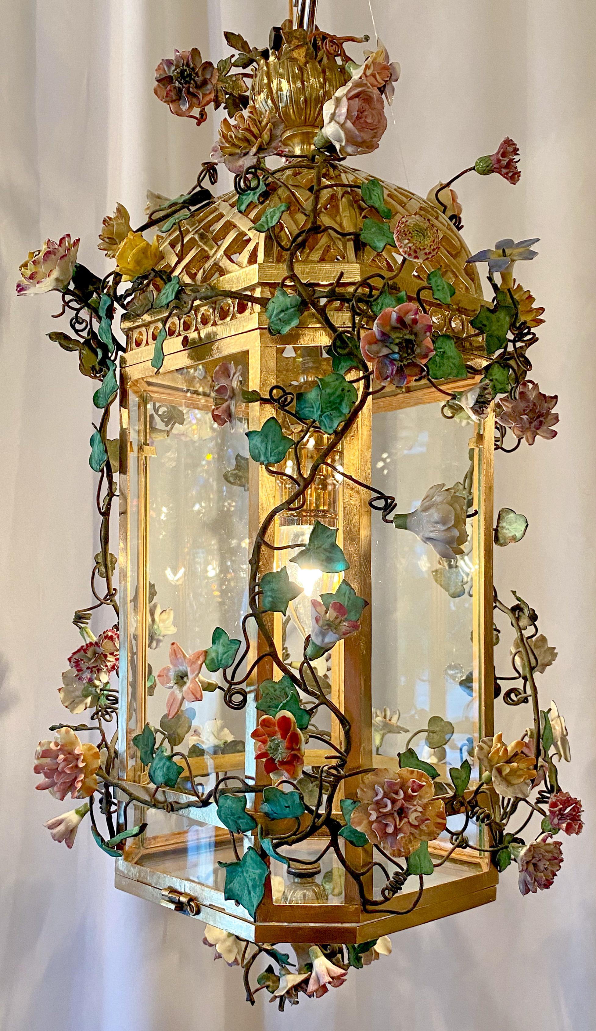 Antique Bronze Lantern with Dresden Flowers, circa 1900 In Good Condition In New Orleans, LA