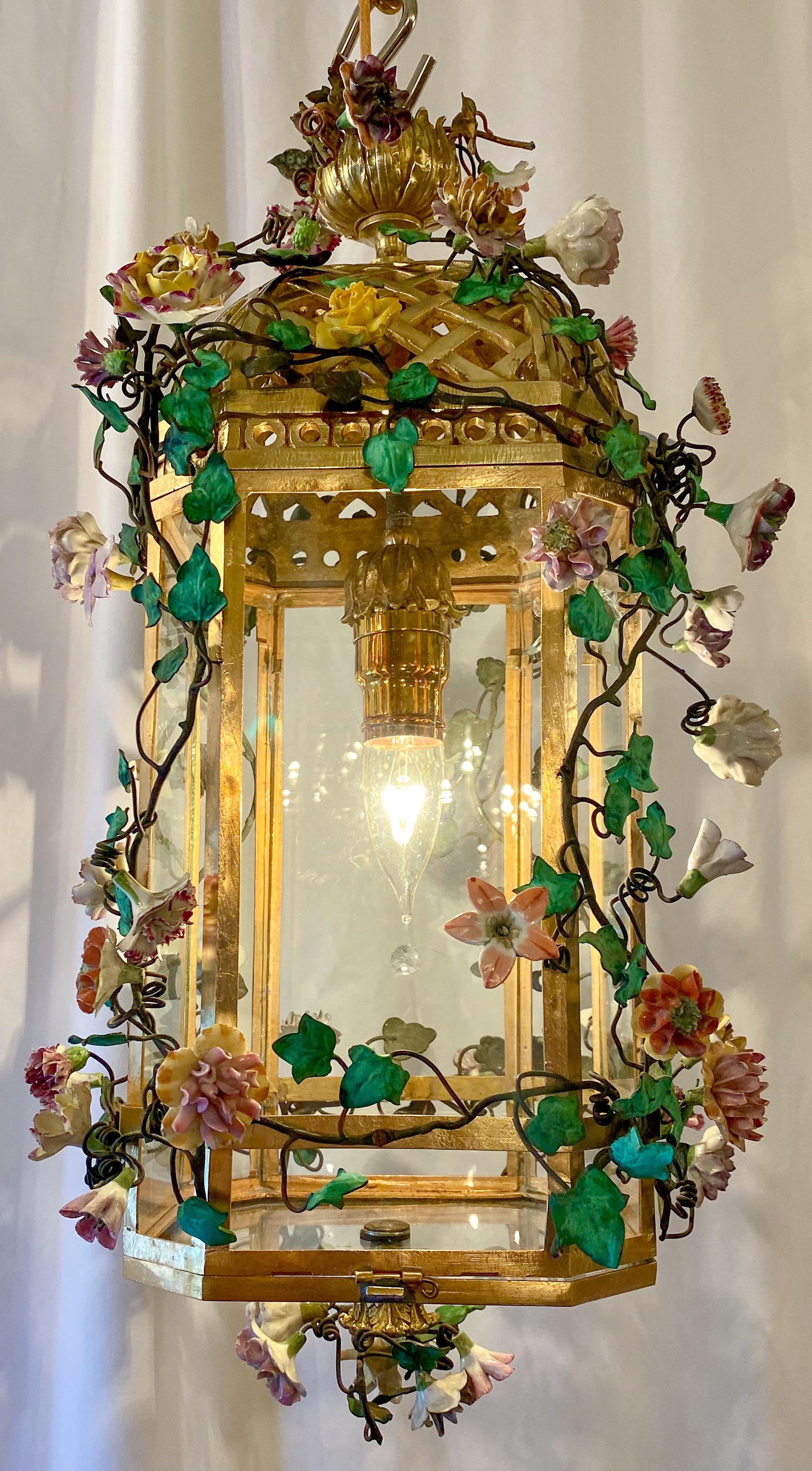 Early 20th Century Antique Bronze Lantern with Dresden Flowers, circa 1900