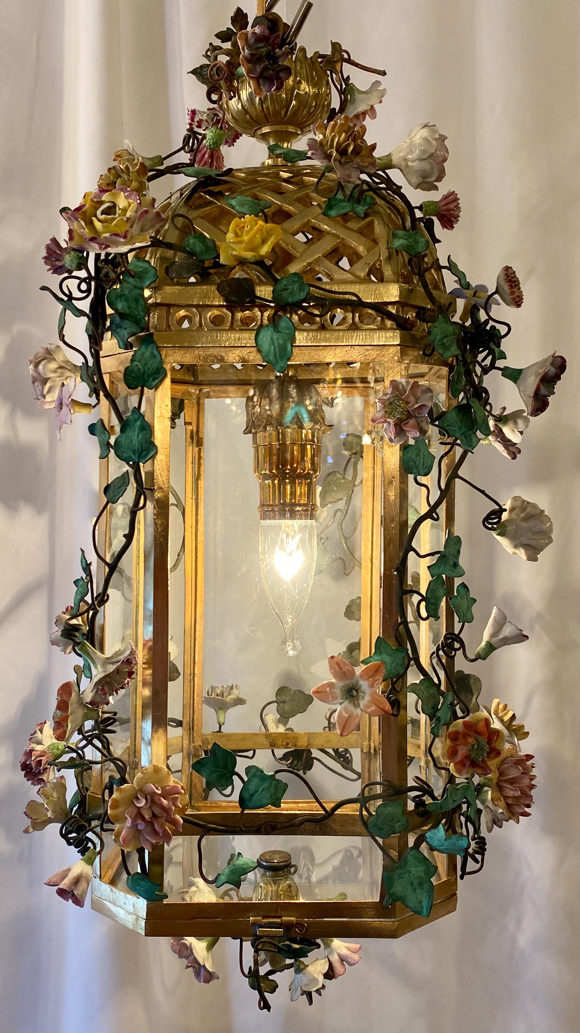 Antique Bronze Lantern with Dresden Flowers, circa 1900 1
