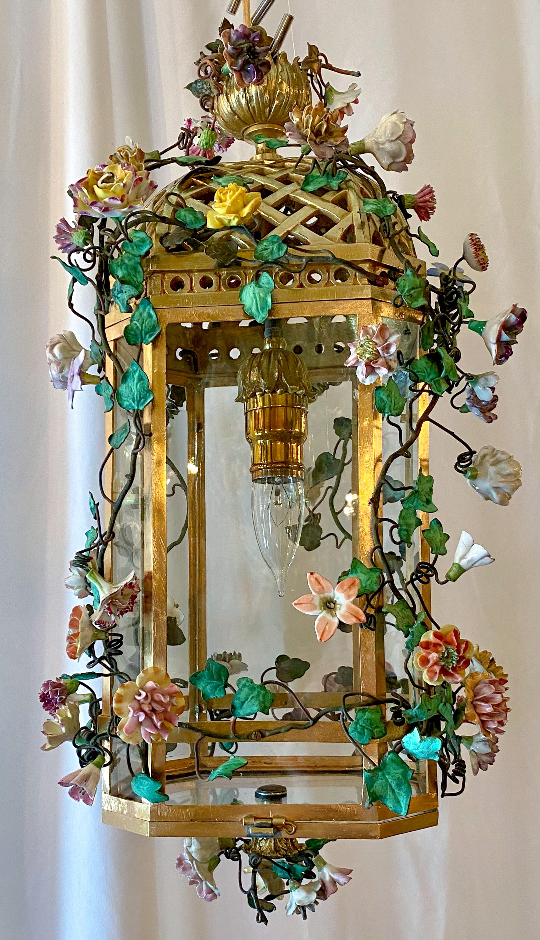 Antique Bronze Lantern with Dresden Flowers, circa 1900 3
