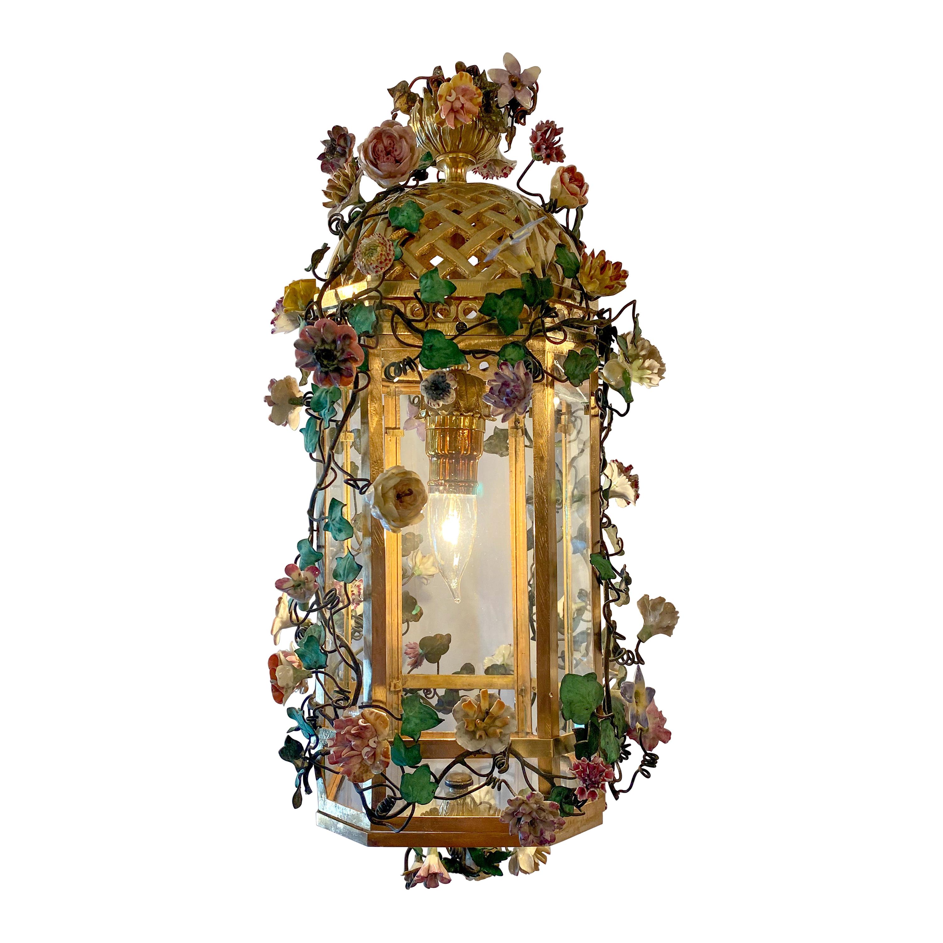 Antique Bronze Lantern with Dresden Flowers, circa 1900