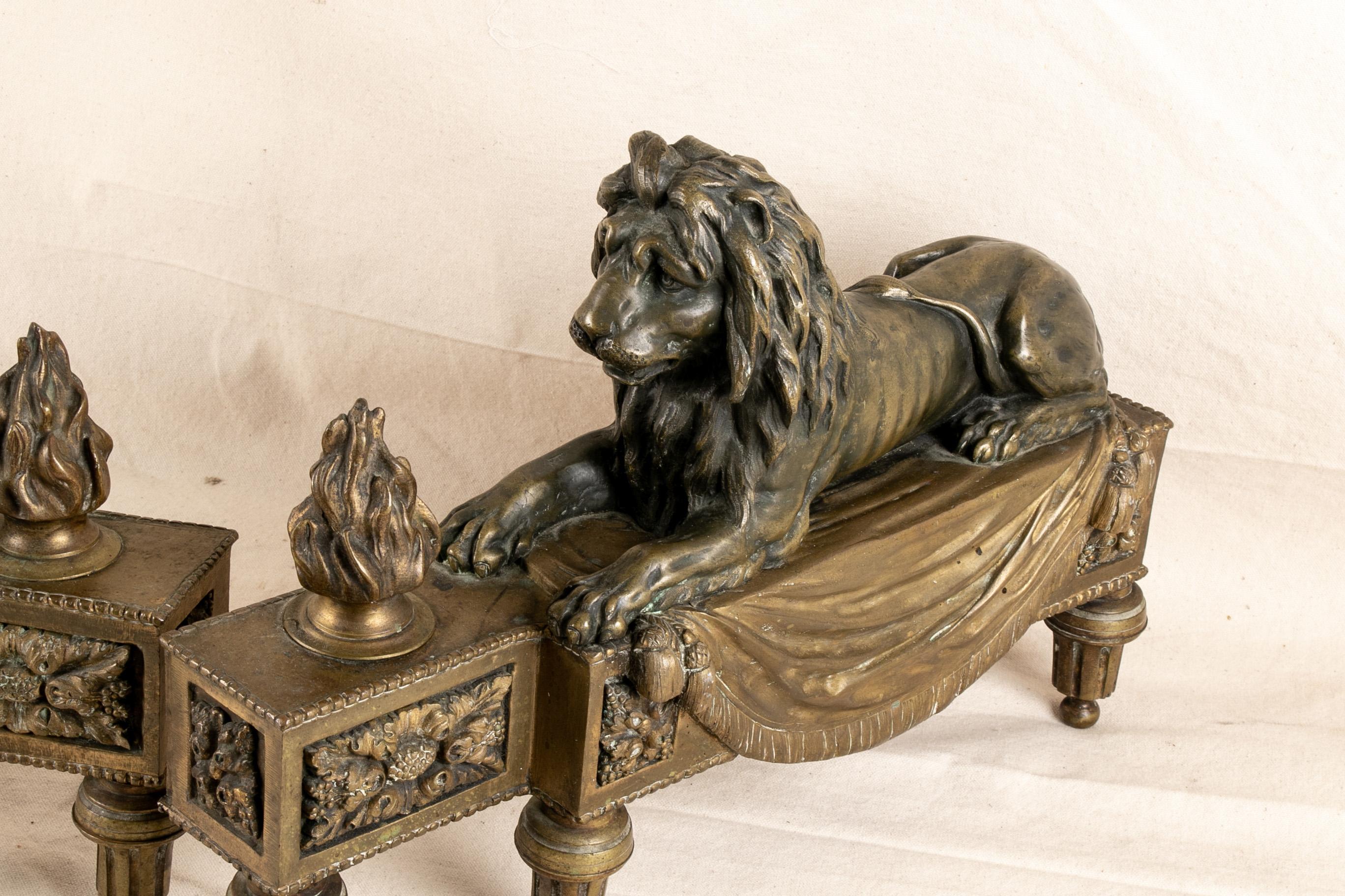 Regency Antique Bronze Lion Form Chenets For Sale
