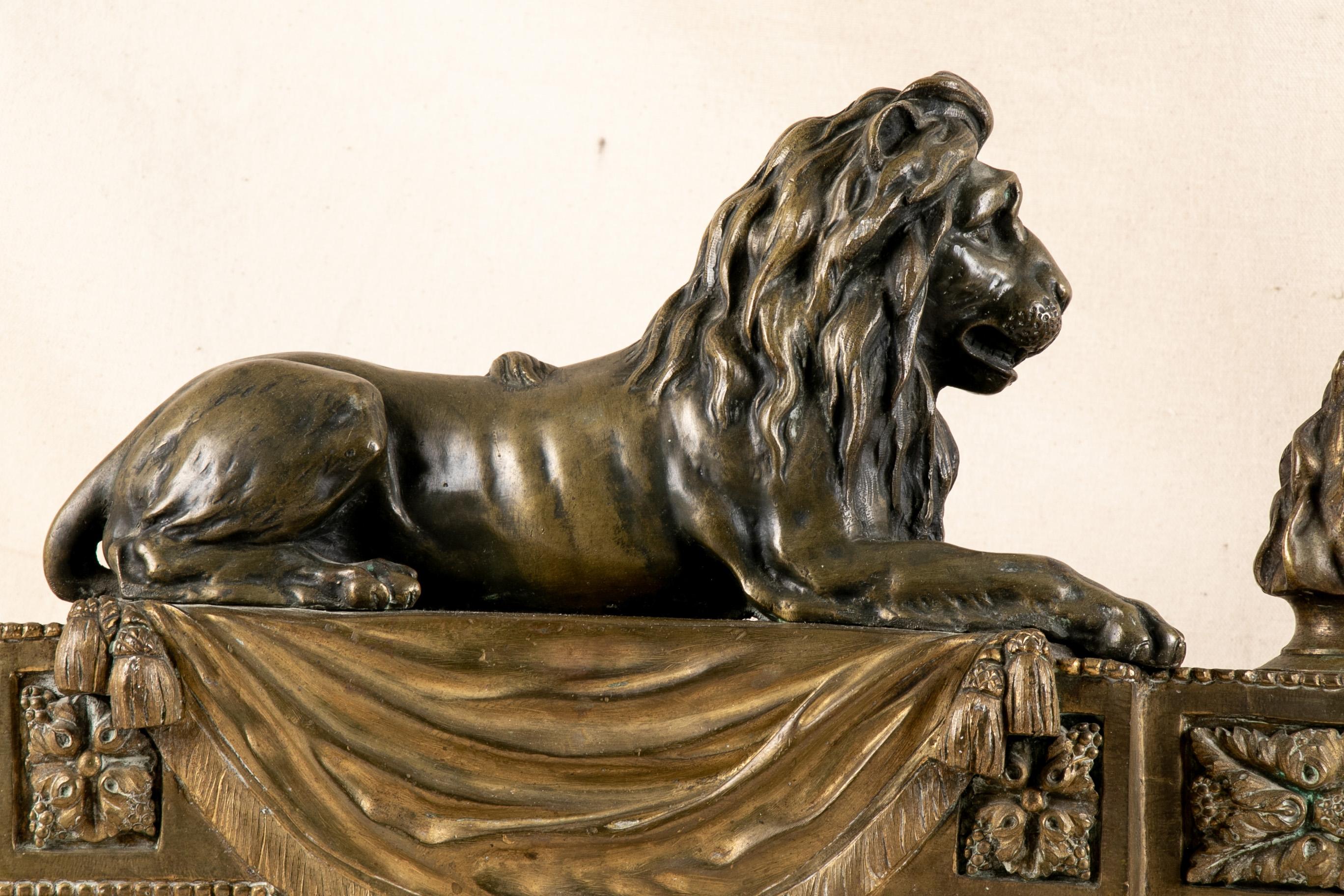 19th Century Antique Bronze Lion Form Chenets