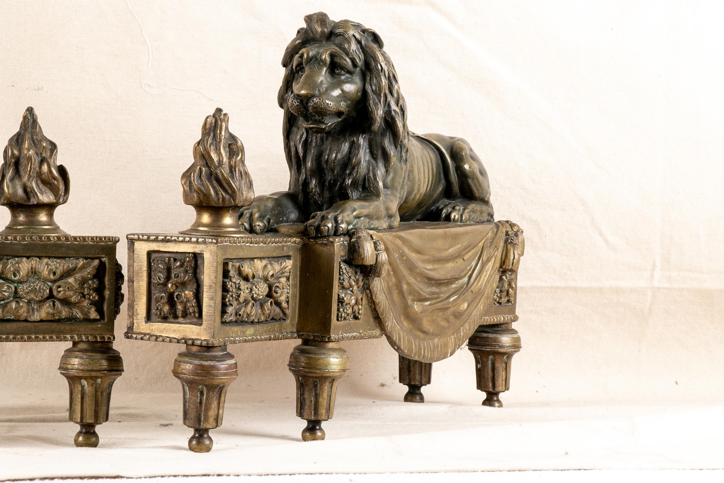 Antique Bronze Lion Form Chenets For Sale 1
