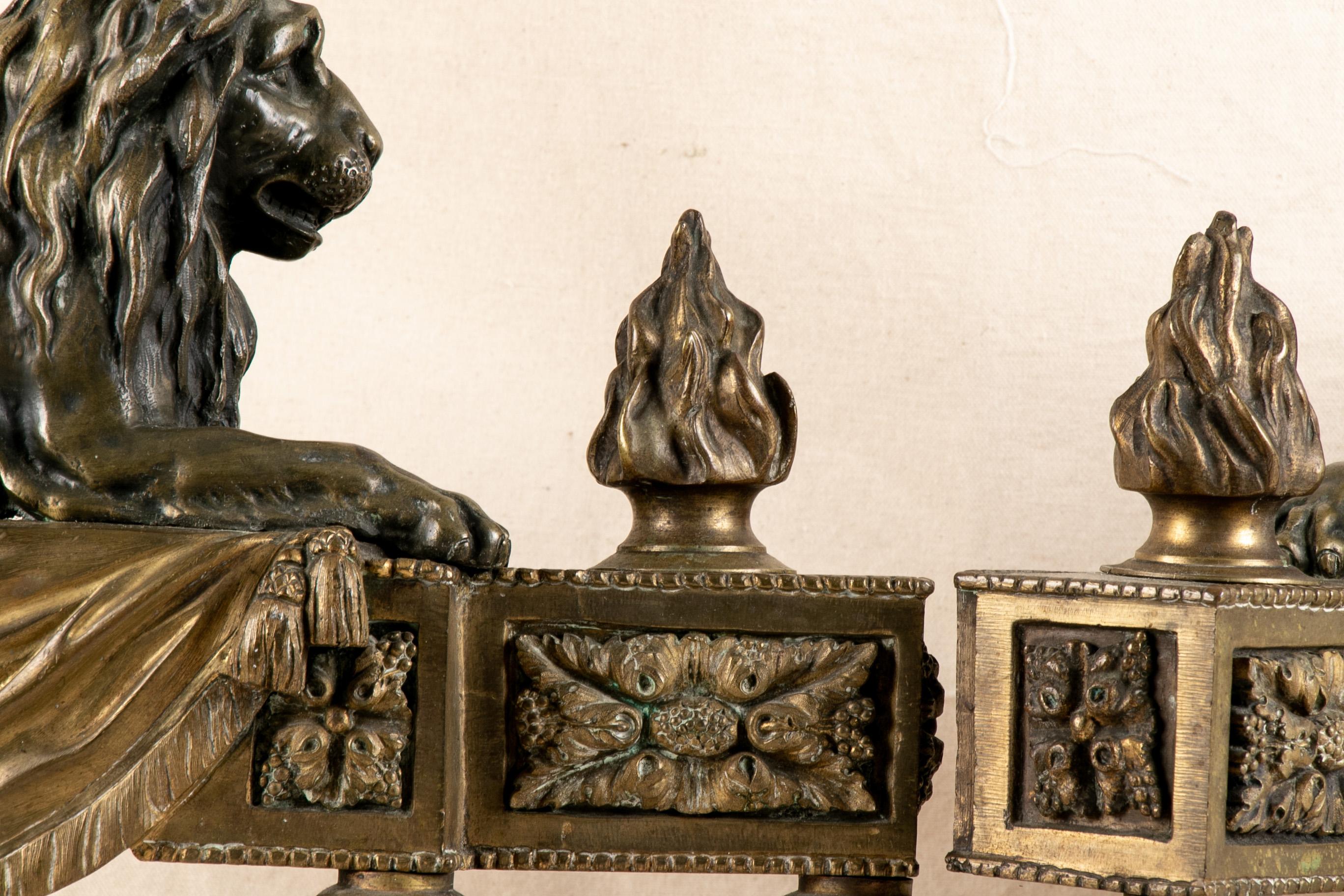 Antique Bronze Lion Form Chenets For Sale 3