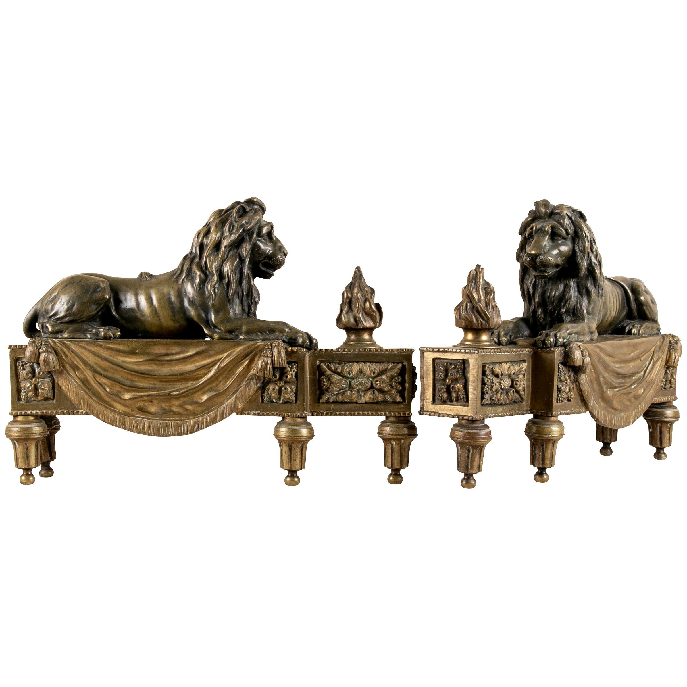 Antique Bronze Lion Form Chenets For Sale