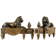 Antique Bronze Lion Form Chenets