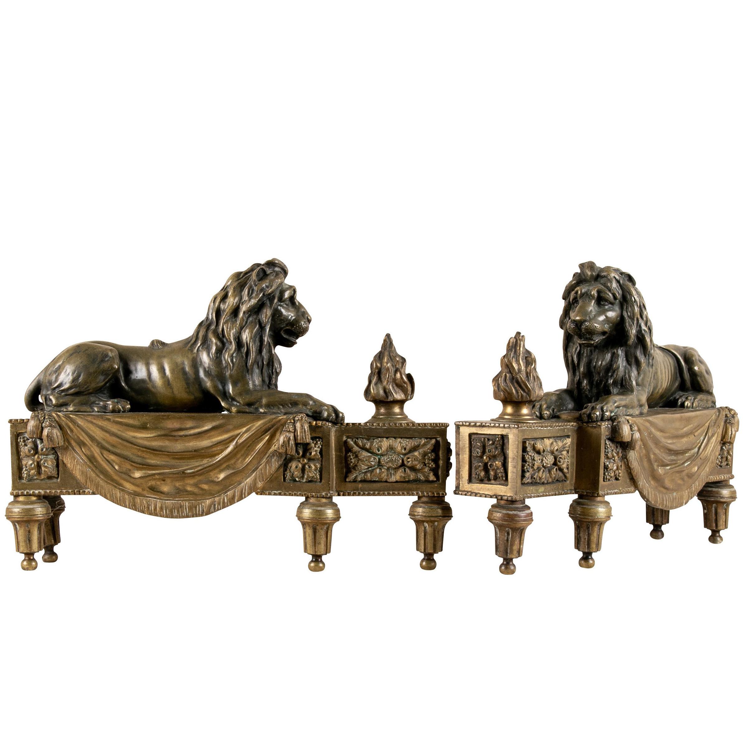 Antique Bronze Lion Form Chenets