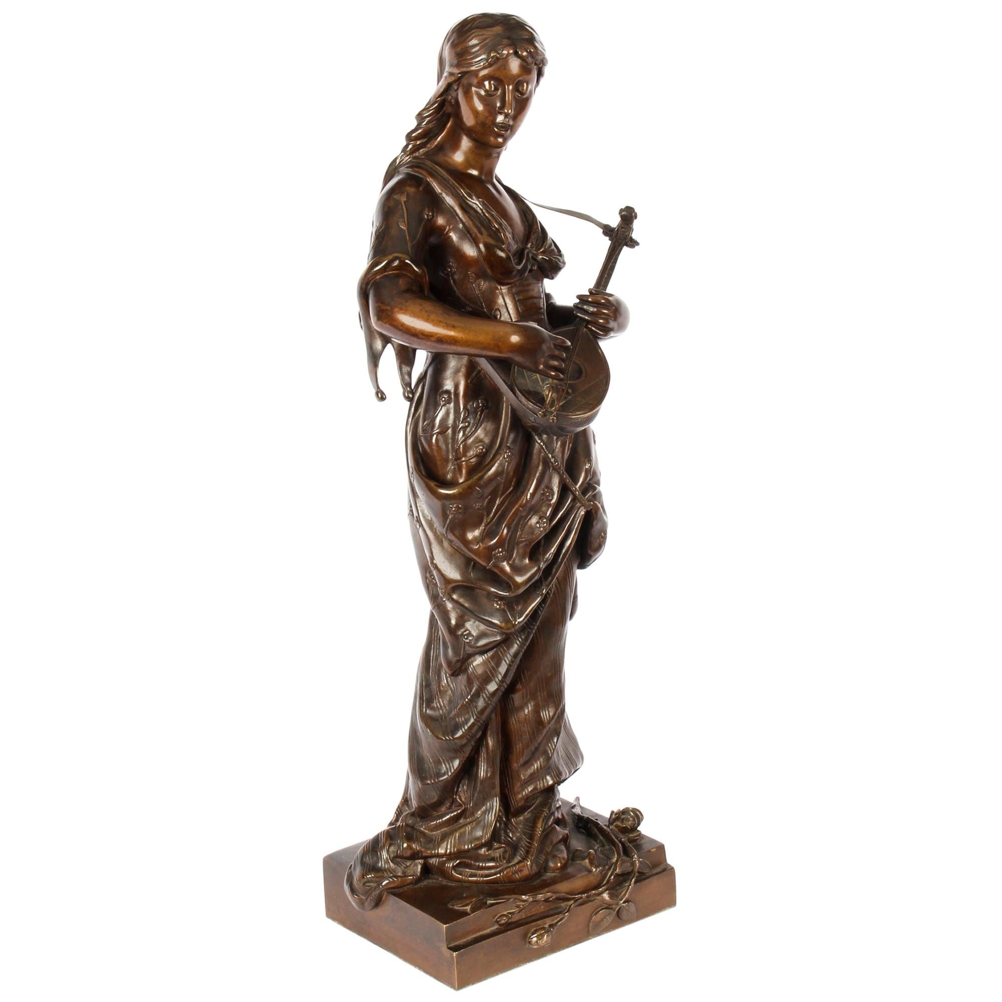Antique Bronze Maiden Playing a Lute, by Albert Ernst Carrier, 19th Century