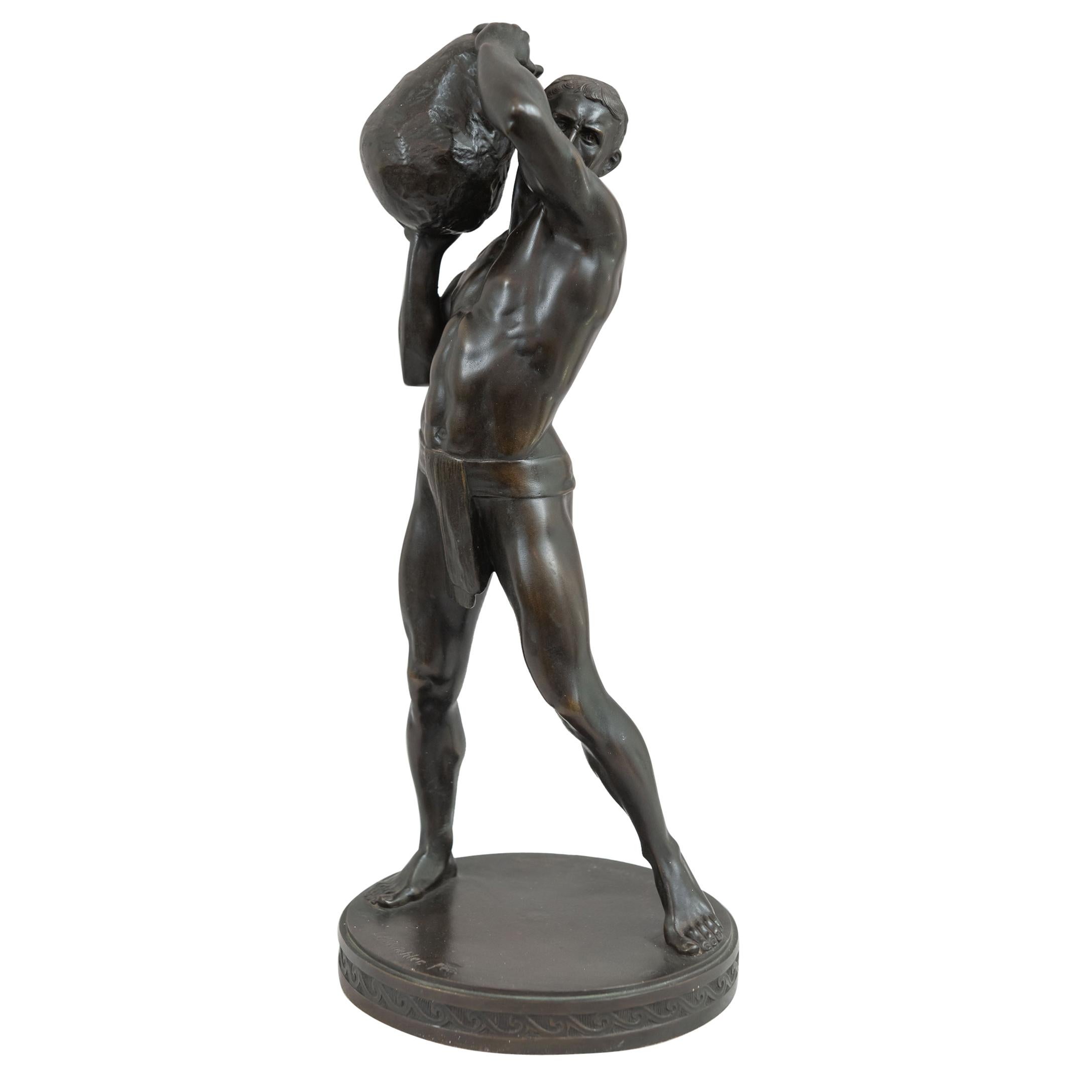Antique Bronze Male Nude, Sisyphus, Artist Signed Paul Leibkuchler