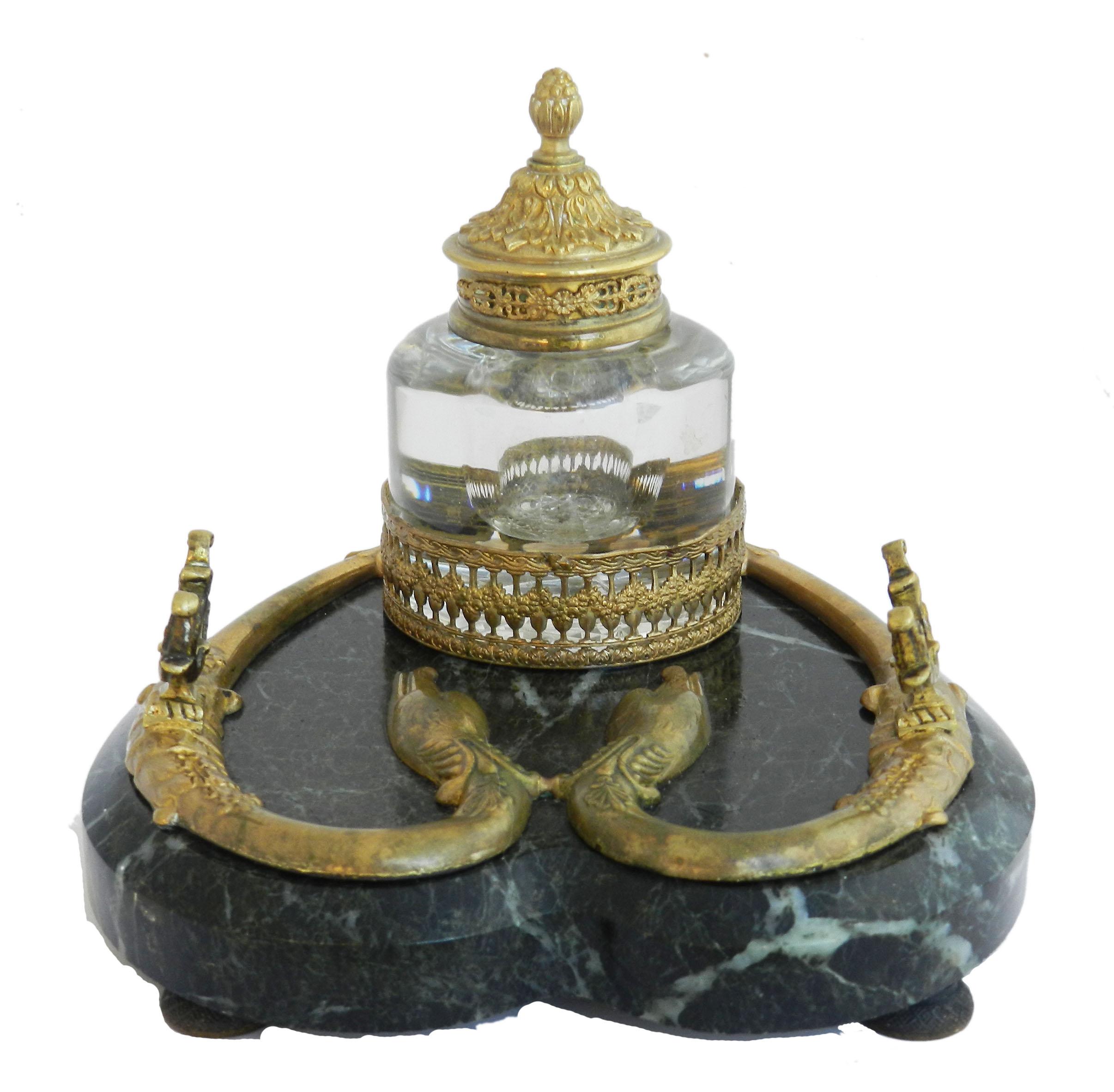 Antique bronze marble inkwell desk crystal inkstand French c1880
Unusual serpent base
Bronze on variegated marble base
Holds pen across the top 
With crystal inkwell
Free Shipping to USA, EU, UK please do check with us for other countries 
Good