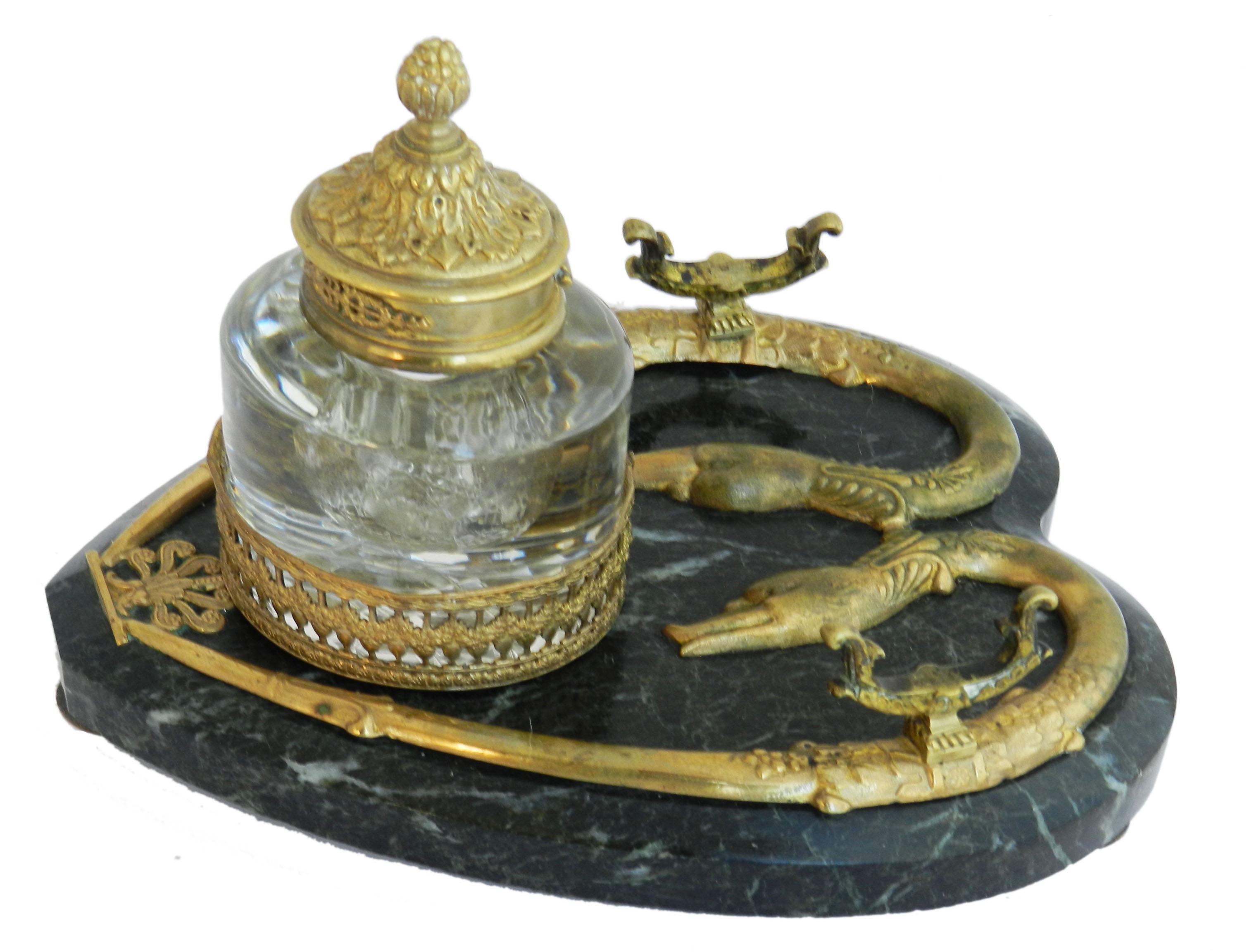 Neoclassical Antique Bronze Marble Inkwell Desk Serpent Inkstand French c1880 FREE SHIPPING For Sale