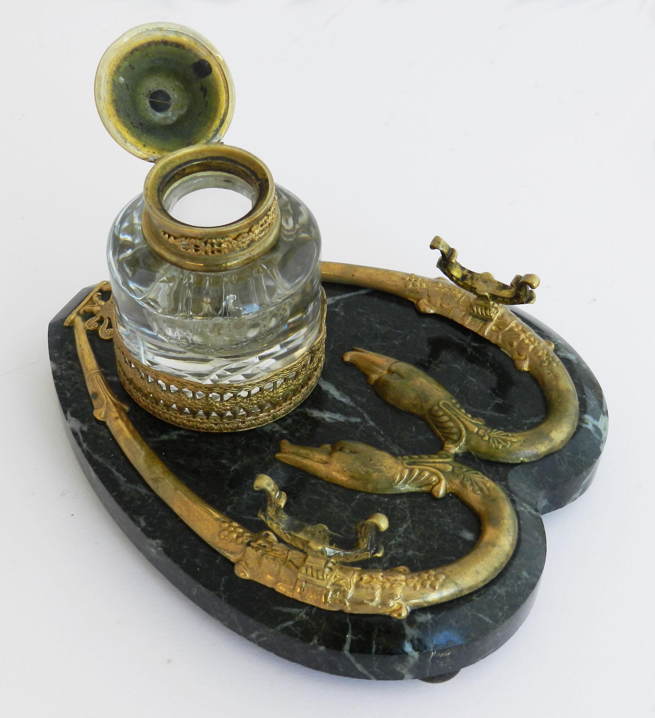 Late 19th Century Antique Bronze Marble Inkwell Desk Serpent Inkstand French c1880 FREE SHIPPING For Sale