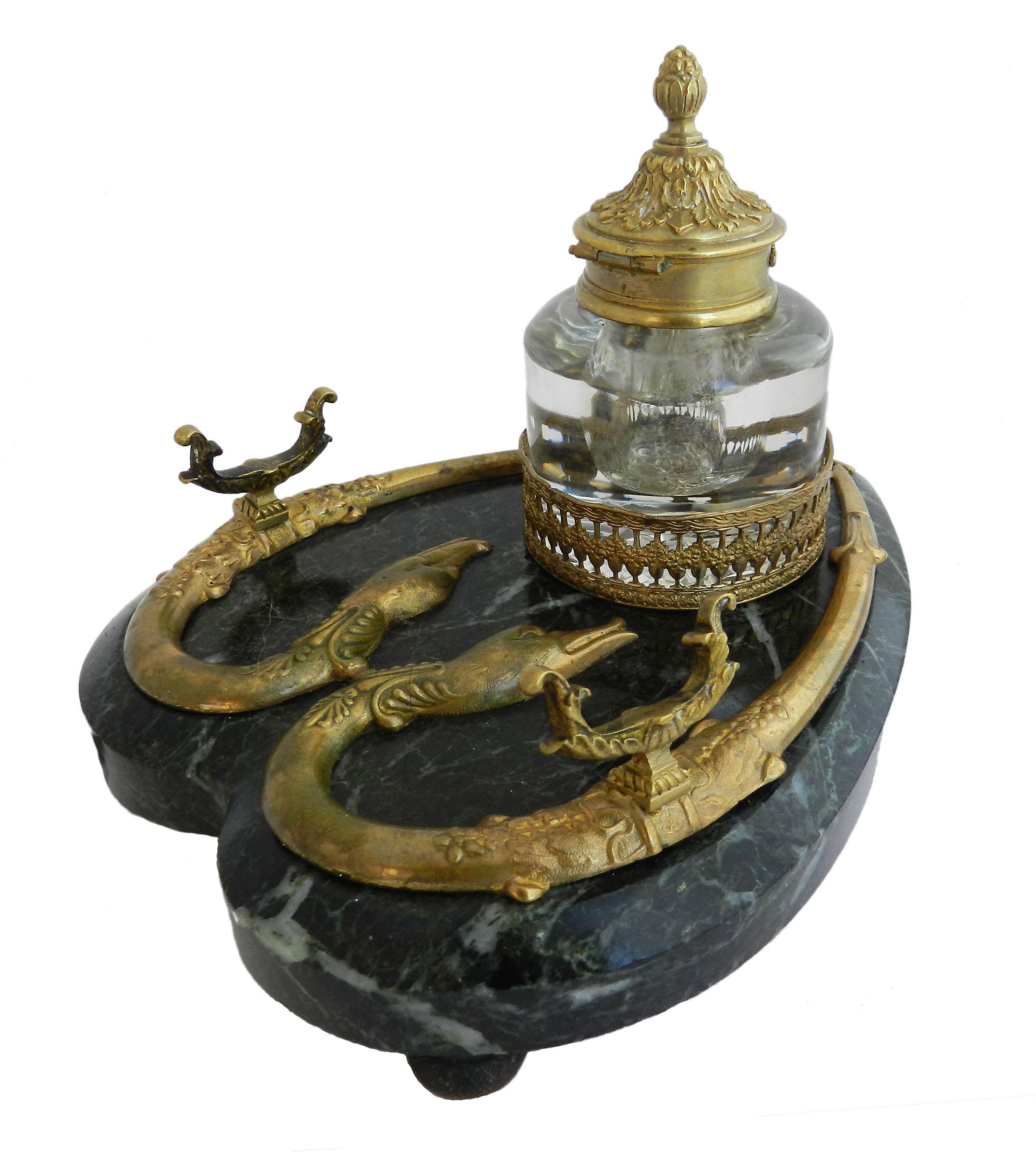 Antique Bronze Marble Inkwell Desk Serpent Inkstand French c1880 FREE SHIPPING For Sale 5