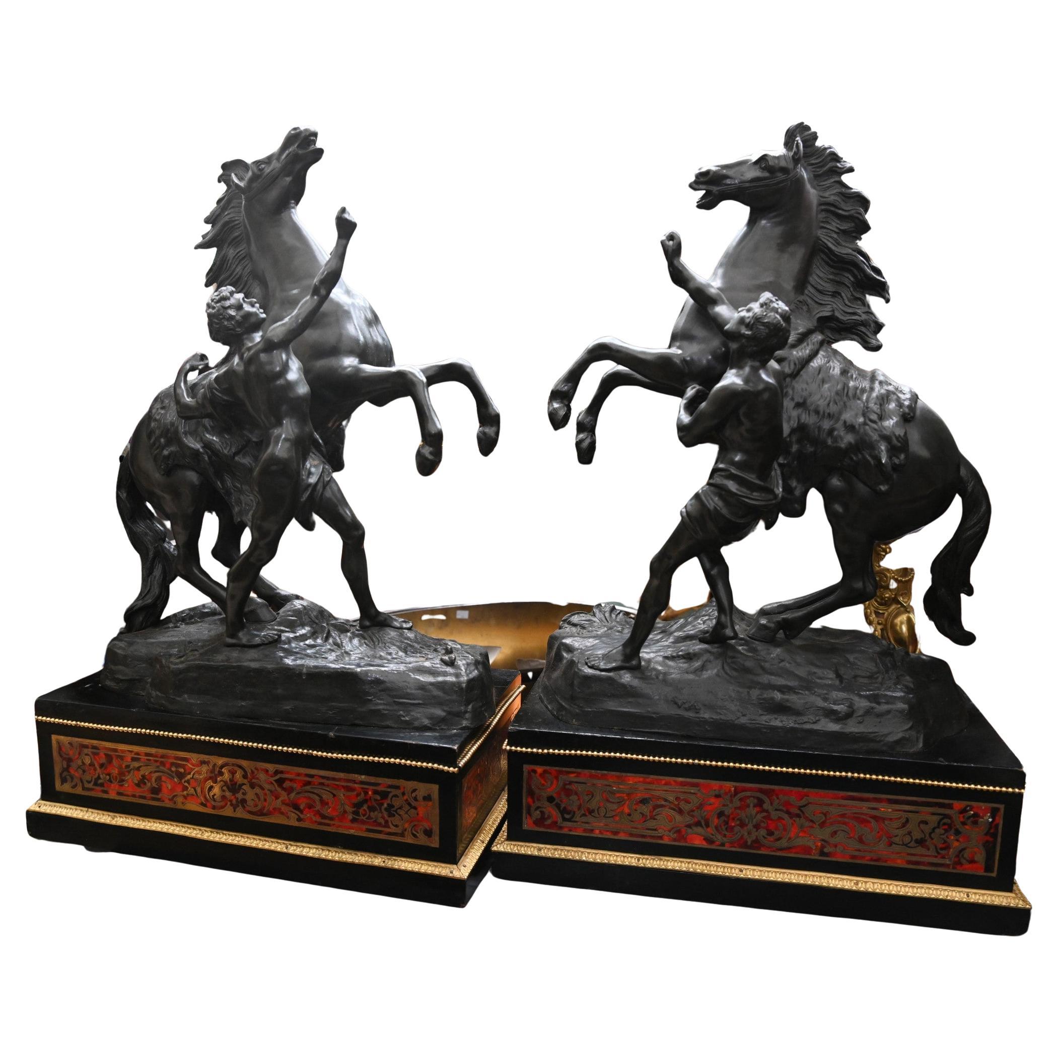 Statue ancienne de cheval Marley Boulle sur piédestal en bronze