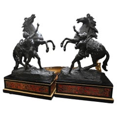 Statue ancienne de cheval Marley Boulle sur piédestal en bronze