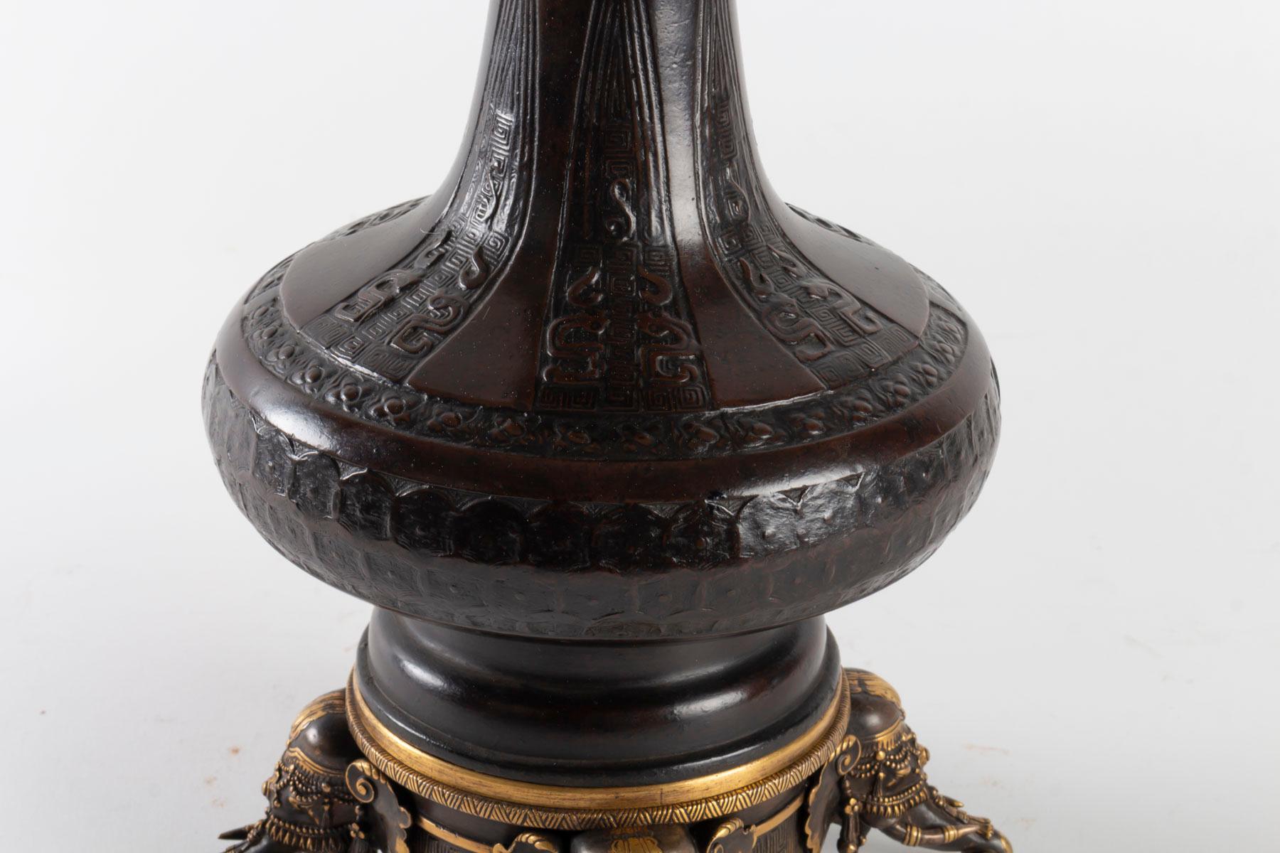 Napoleon III Antique Bronze Ming Vase, Pumped Up by Edouard Lièvre in Oil Lamp