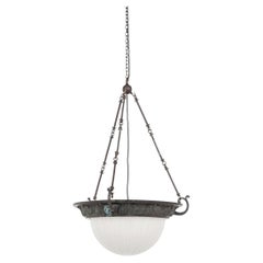 Lámpara colgante de cristal con piedra lunar y acabado en bronce antiguo, hacia 1920