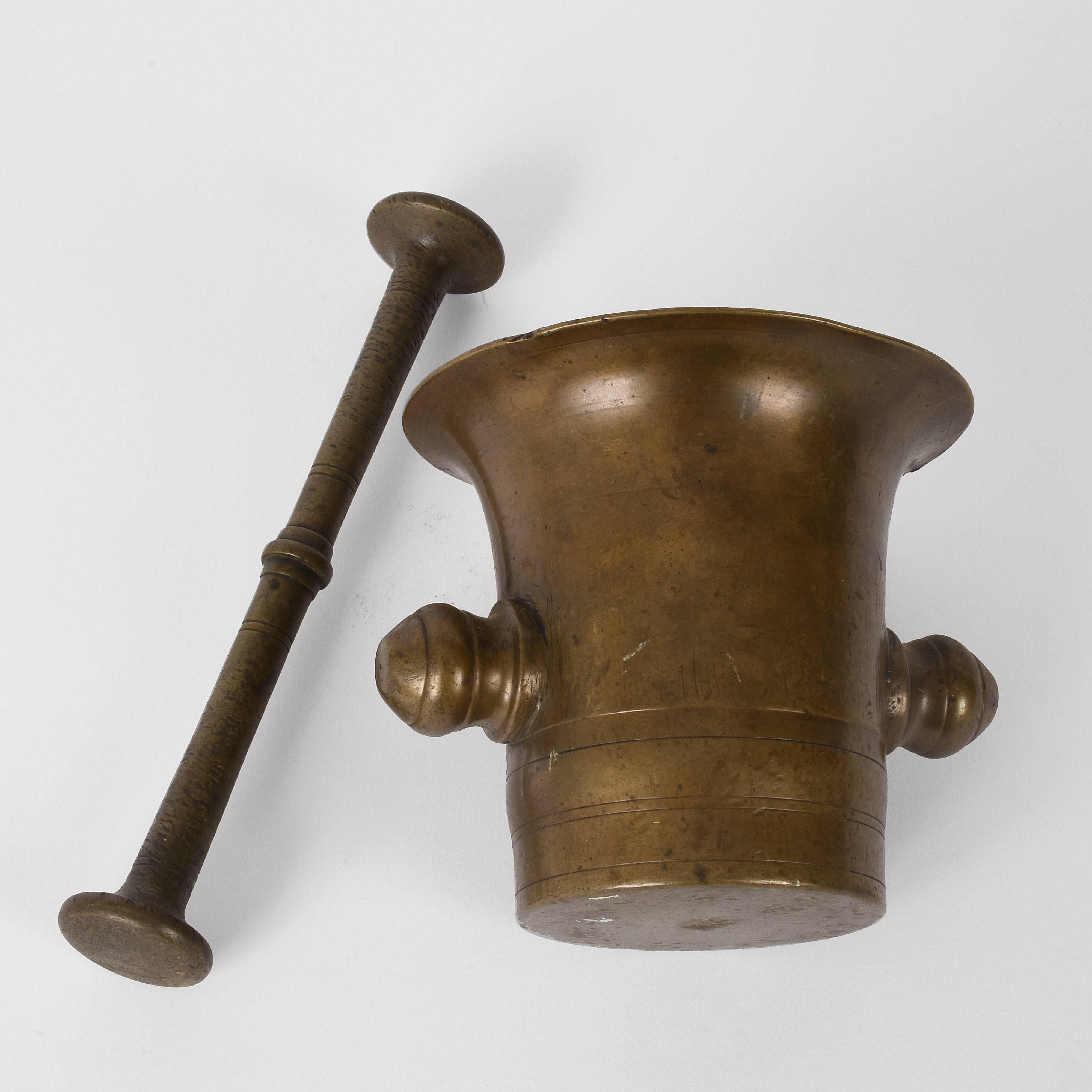 Grand Tour Antique Bronze Mortar, Handmade with Pestle, Original Patina