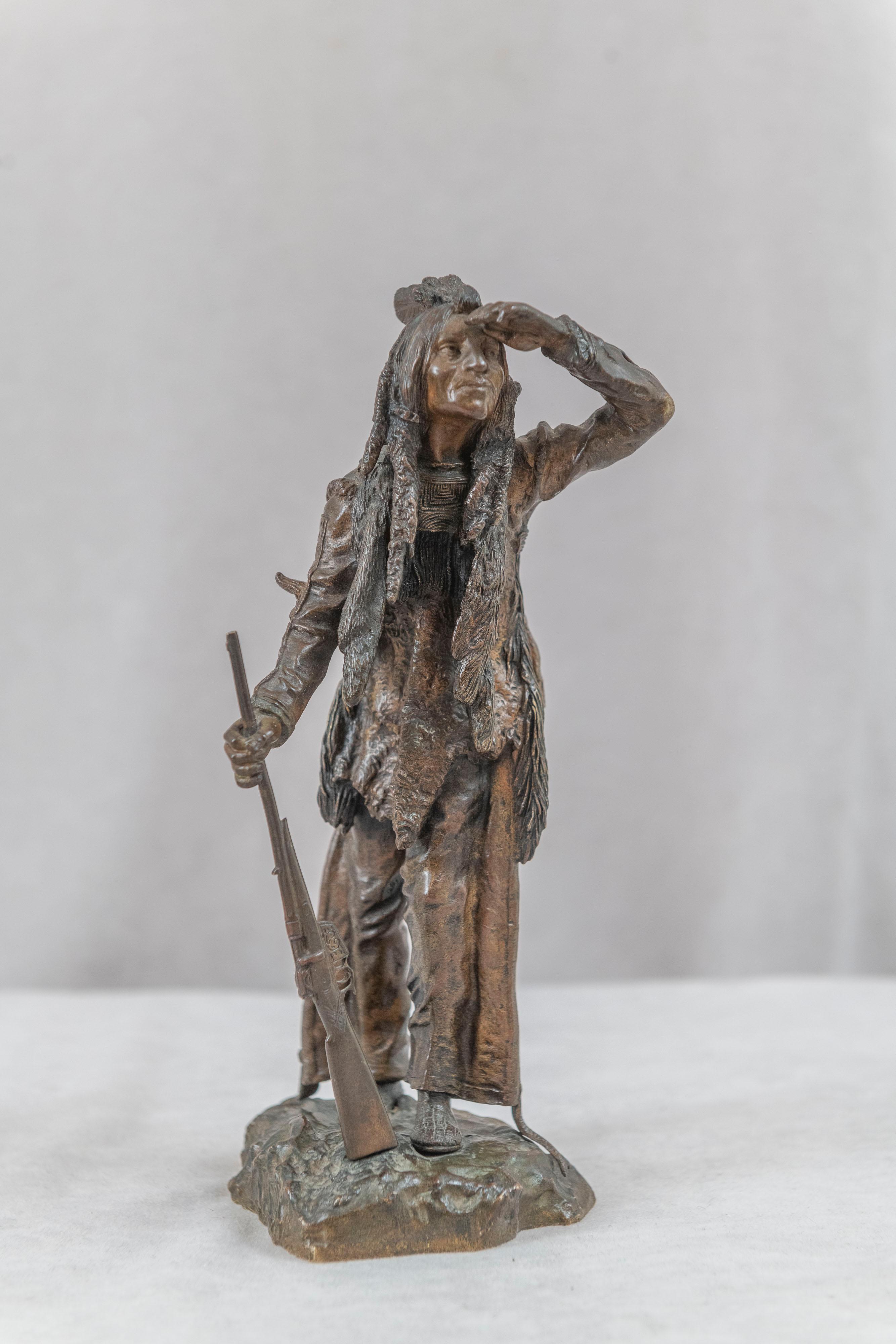 Patinated Antique Bronze of an American Indian, signed Kauba, Austrian (1865-1922) For Sale