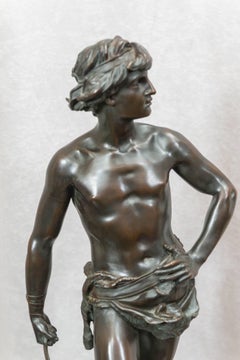 Antique Bronze of David Holding His Slingshot Ready for Action