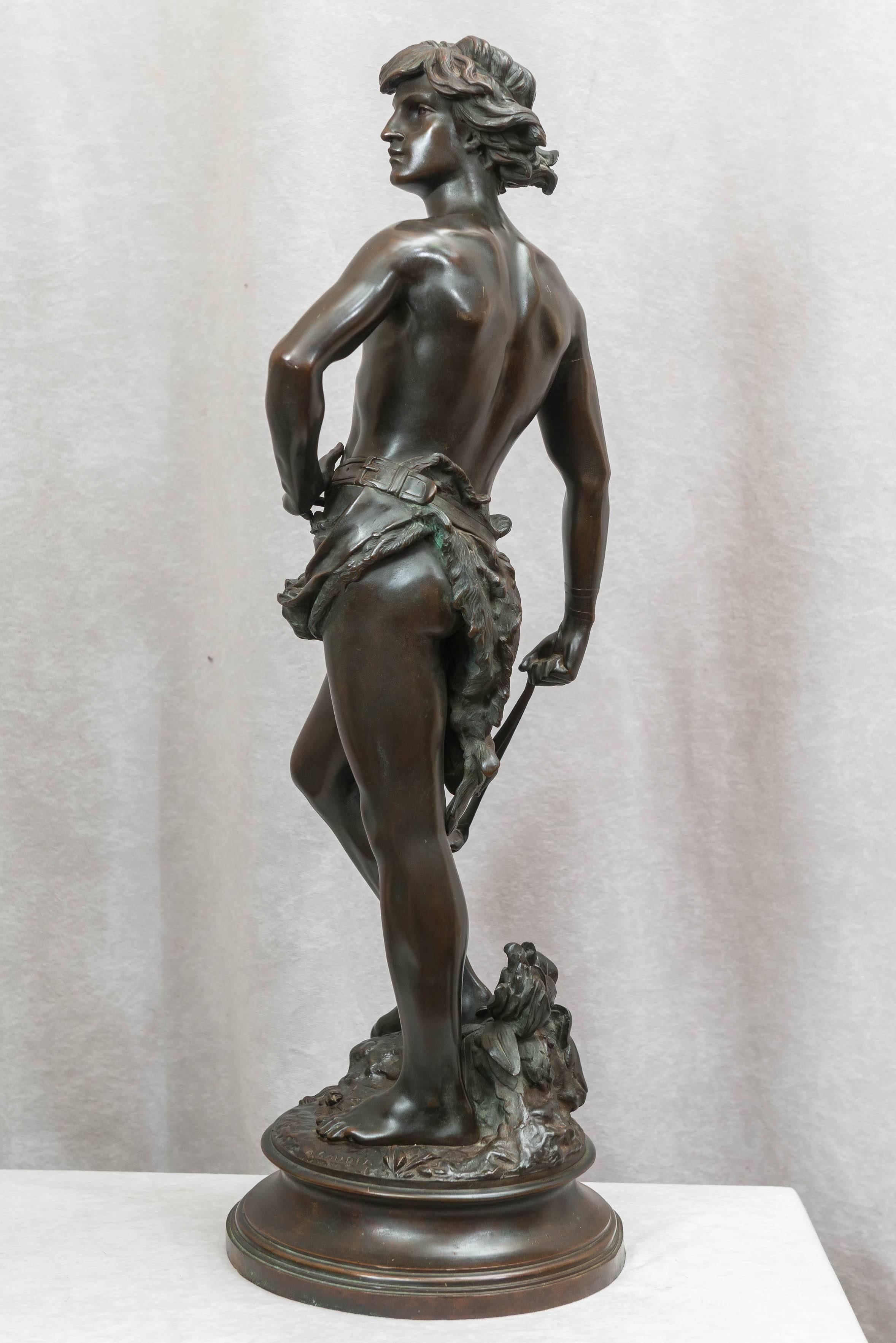 French Antique Bronze of David Holding His Slingshot Ready for Action