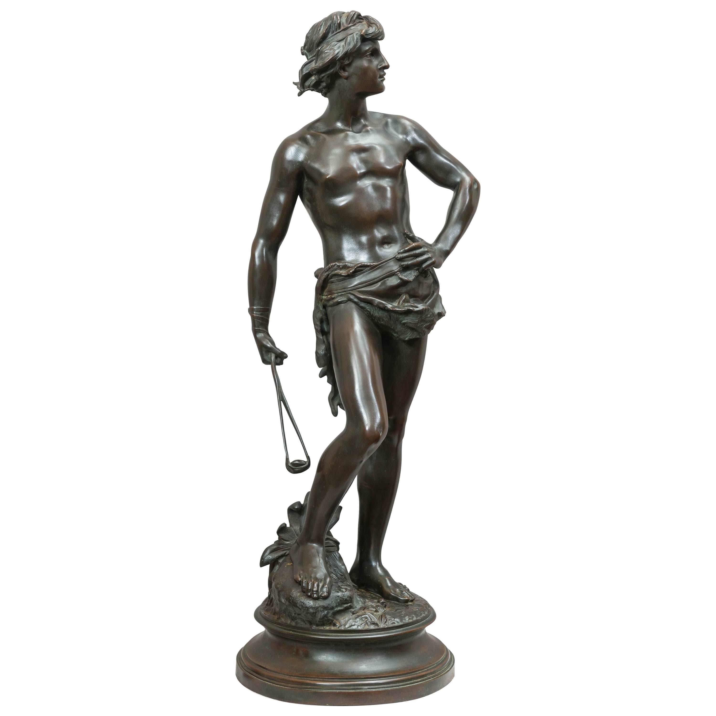 Antique Bronze of David Holding His Slingshot Ready for Action