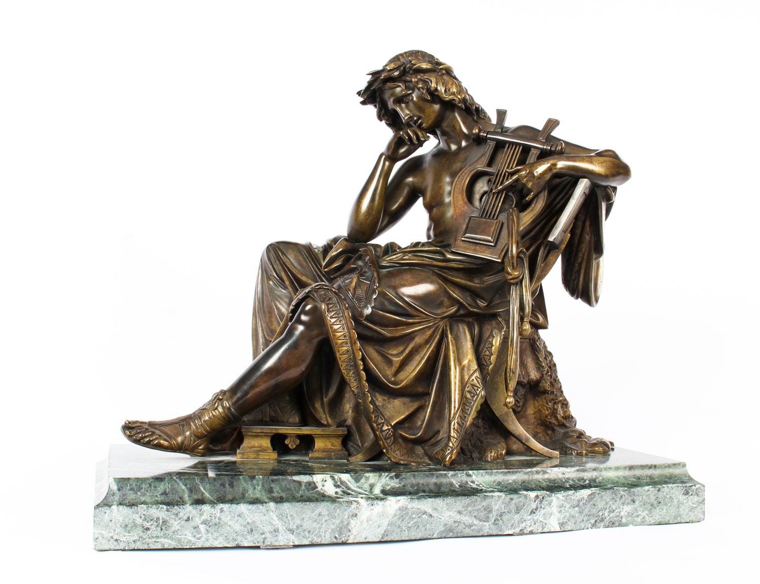 A fine bronze statue of Orpheus, after Albert-Ernest Carrier-Belleuse (French, 1824-1887), circa 1860 in date. 

A large figural bronze sculpture depicting Orpheus the Greek musician, prophet and poet best known for his charm and charisma, he is