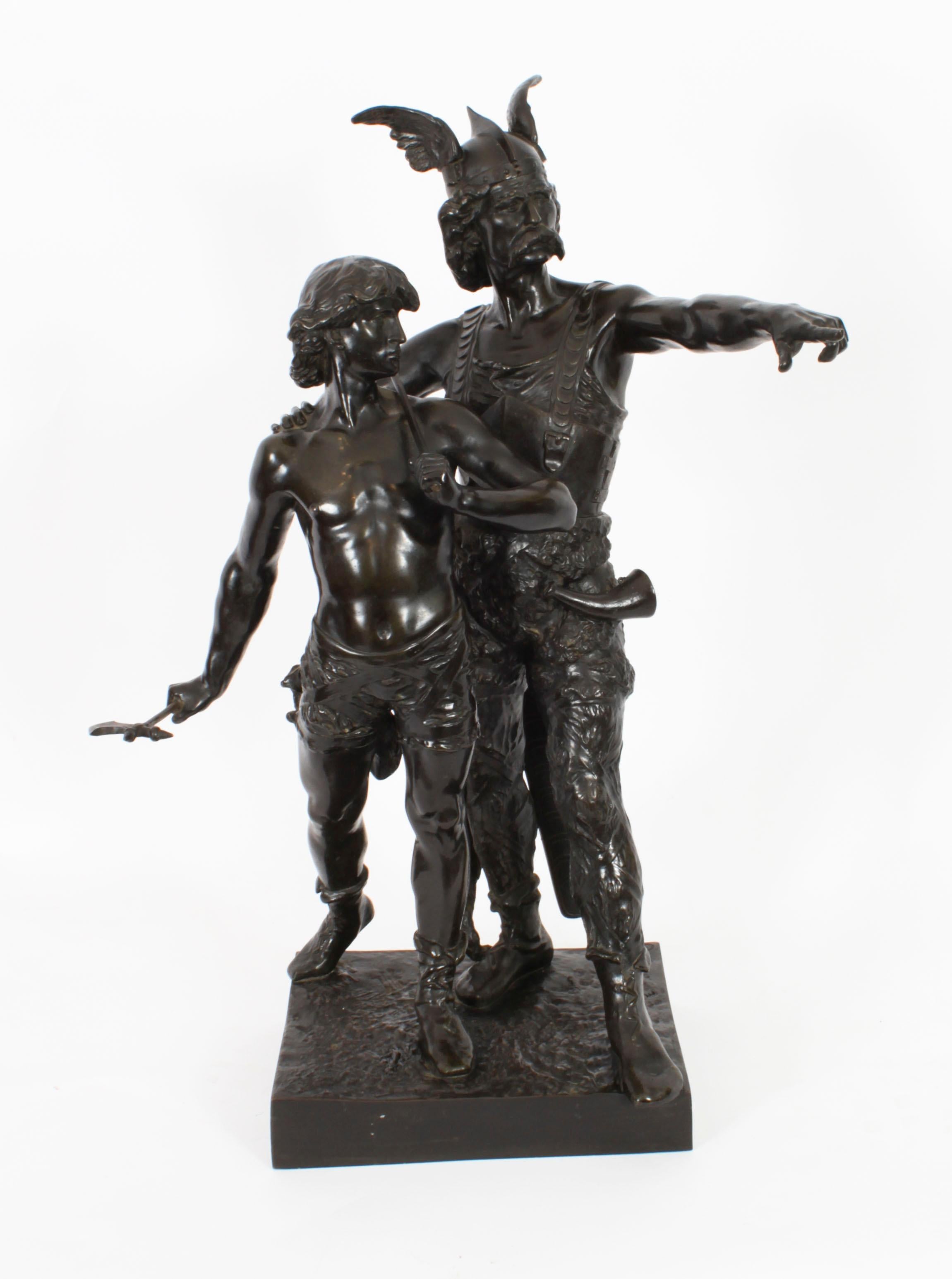 Es handelt sich um eine große französische Bronzeskulptur von Vercingetorix mit seinem Sohn von Emile Laporte (1858 - 1901), um 1890.

Stehende Figur des Vercingetorix mit geflügeltem Helm, mit erhobenem Arm in die Ferne weisend, an seiner Seite