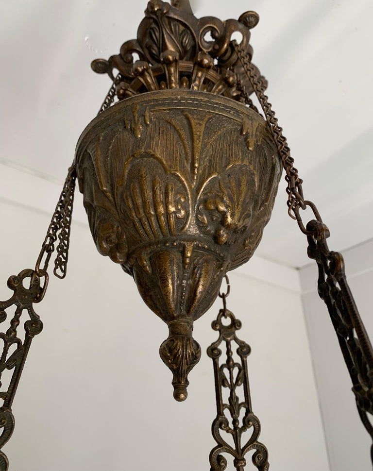 Antique Bronze Oil Lamp with Six-Light Candle Chandelier & Rare Majolica Shade For Sale 6