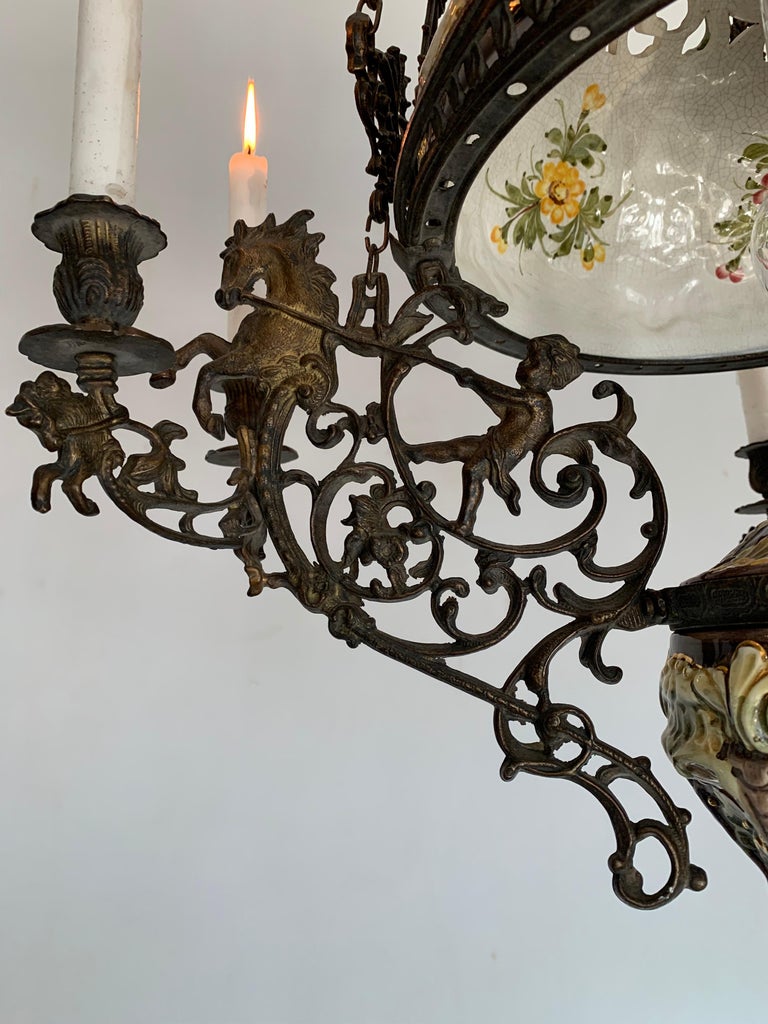 Antique Bronze Oil Lamp with Six-Light Candle Chandelier & Rare Majolica Shade For Sale 11