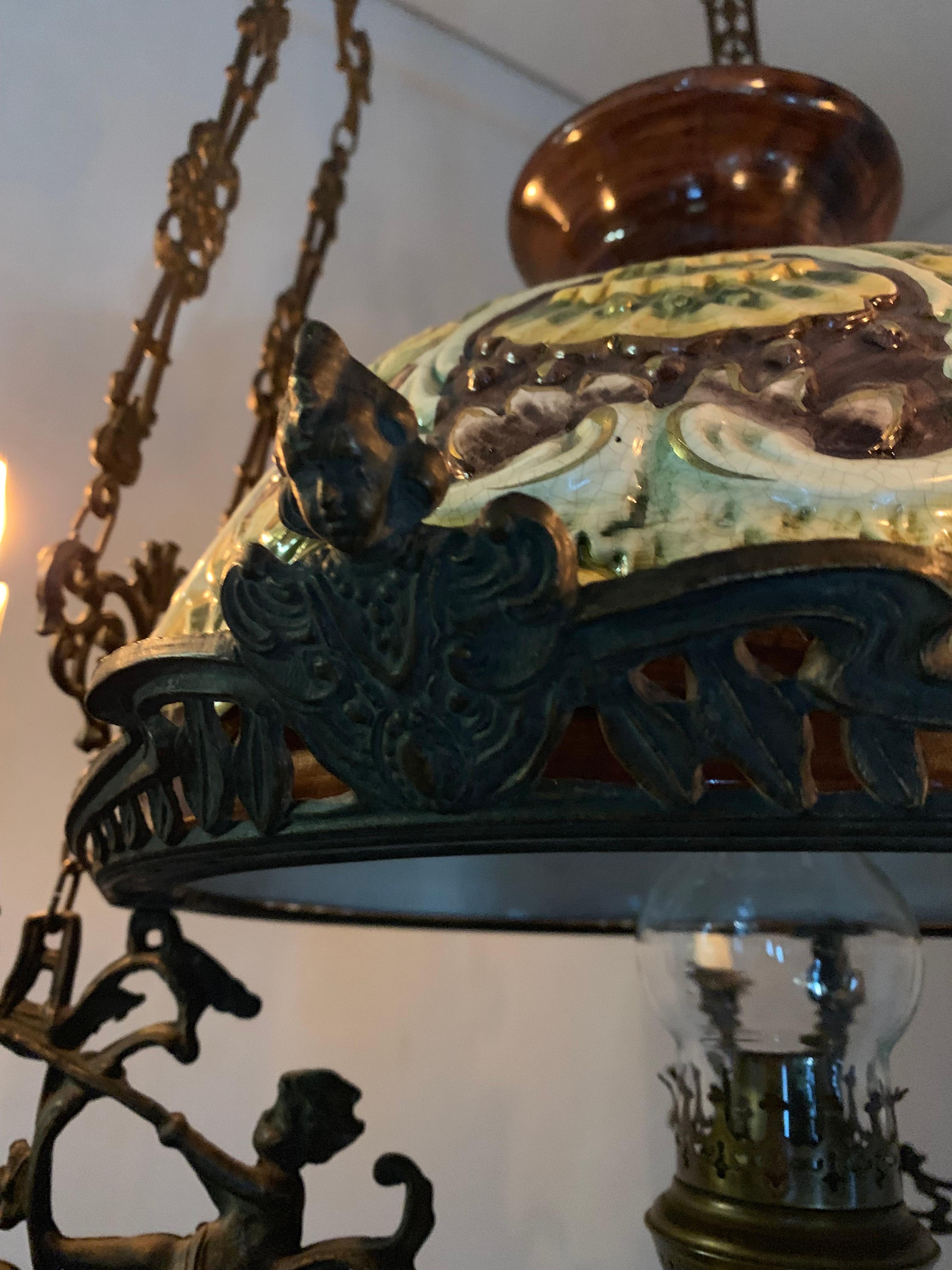 Antique Bronze Oil Lamp with Six-Light Candle Chandelier & Rare Majolica Shade 9