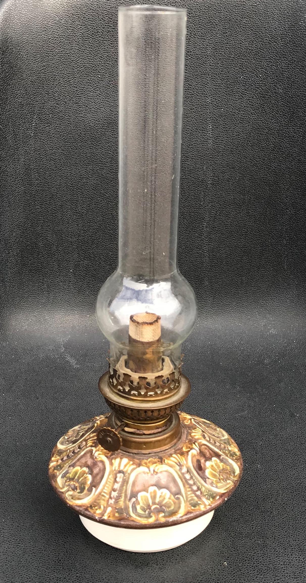 Antique Bronze Oil Lamp with Six-Light Candle Chandelier & Rare Majolica Shade 10
