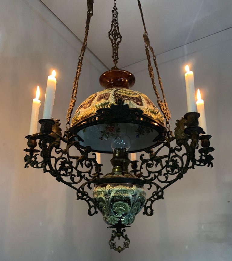 Antique Bronze Oil Lamp with Six-Light Candle Chandelier & Rare Majolica Shade For Sale 13