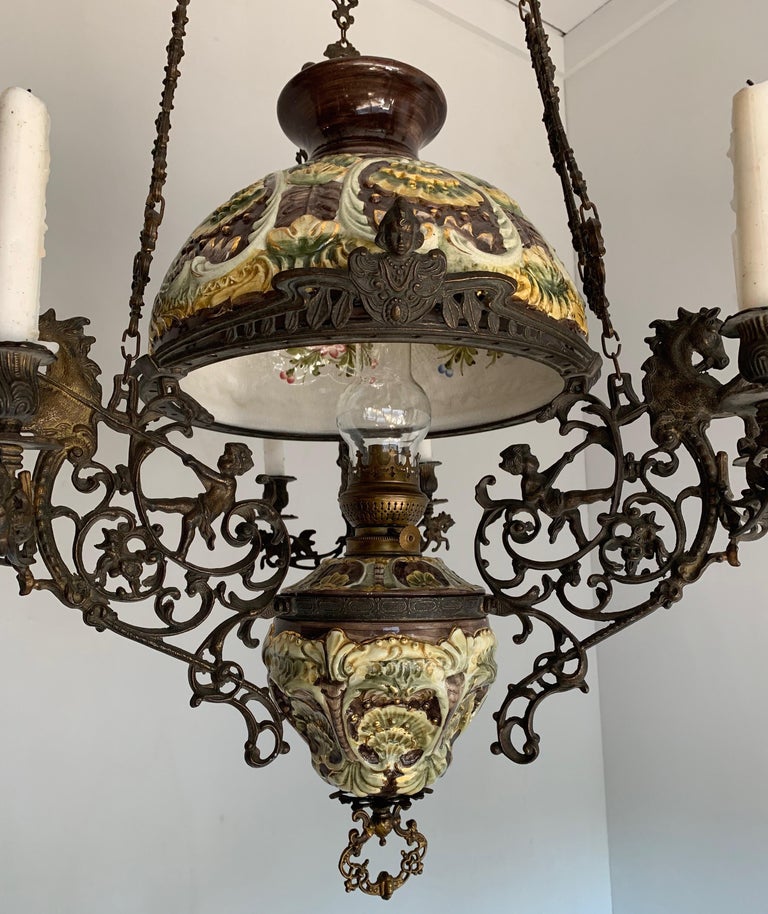 European Antique Bronze Oil Lamp with Six-Light Candle Chandelier & Rare Majolica Shade For Sale