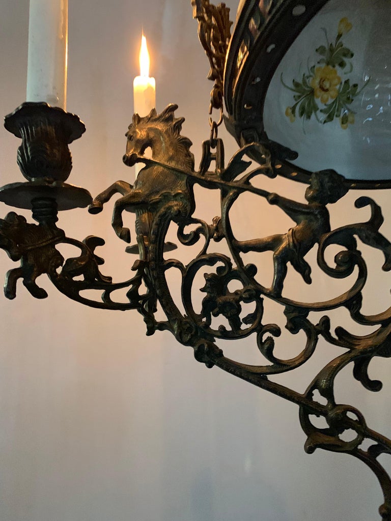 Hand-Crafted Antique Bronze Oil Lamp with Six-Light Candle Chandelier & Rare Majolica Shade For Sale