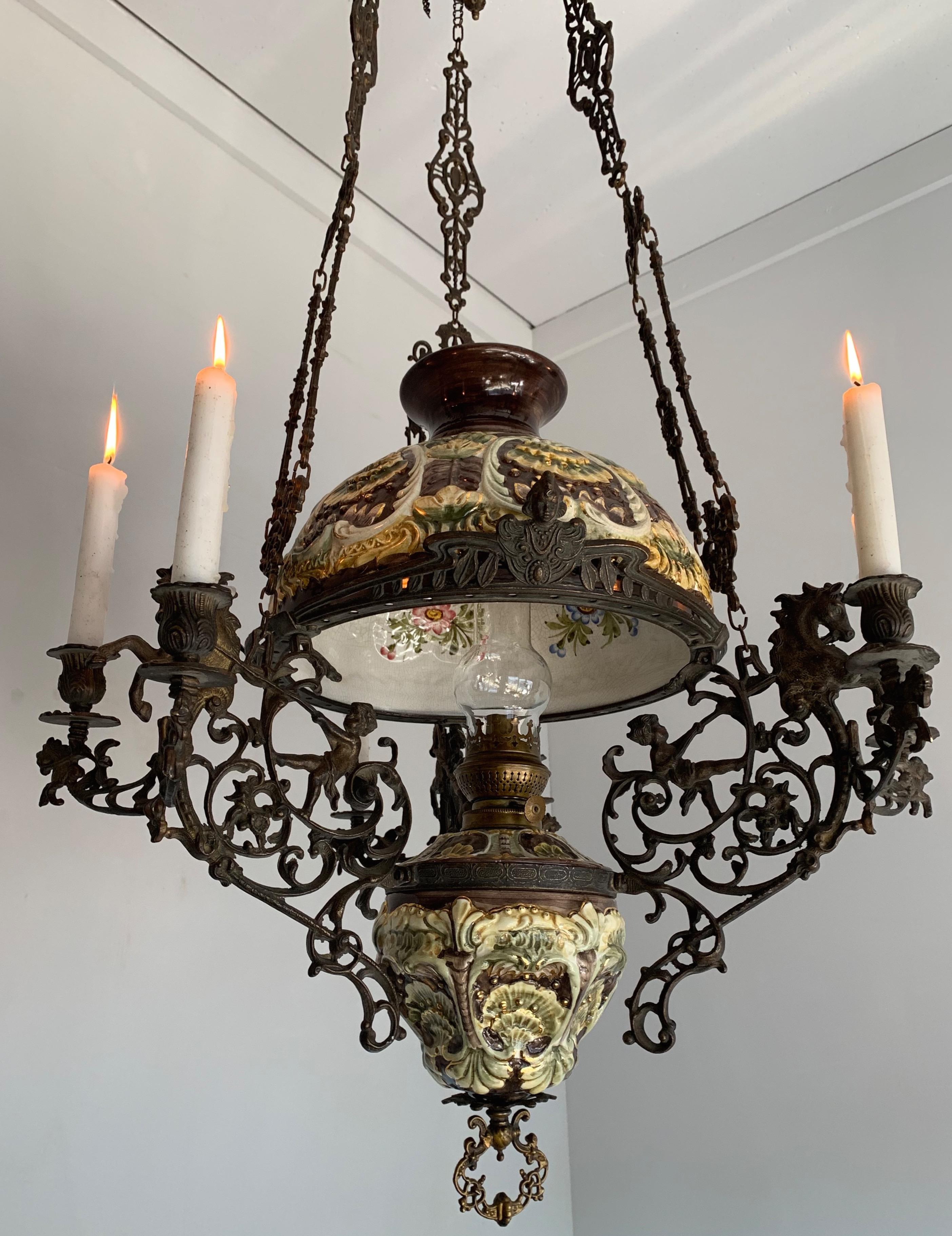 Arts and Crafts Antique Bronze Oil Lamp with Six-Light Candle Chandelier & Rare Majolica Shade
