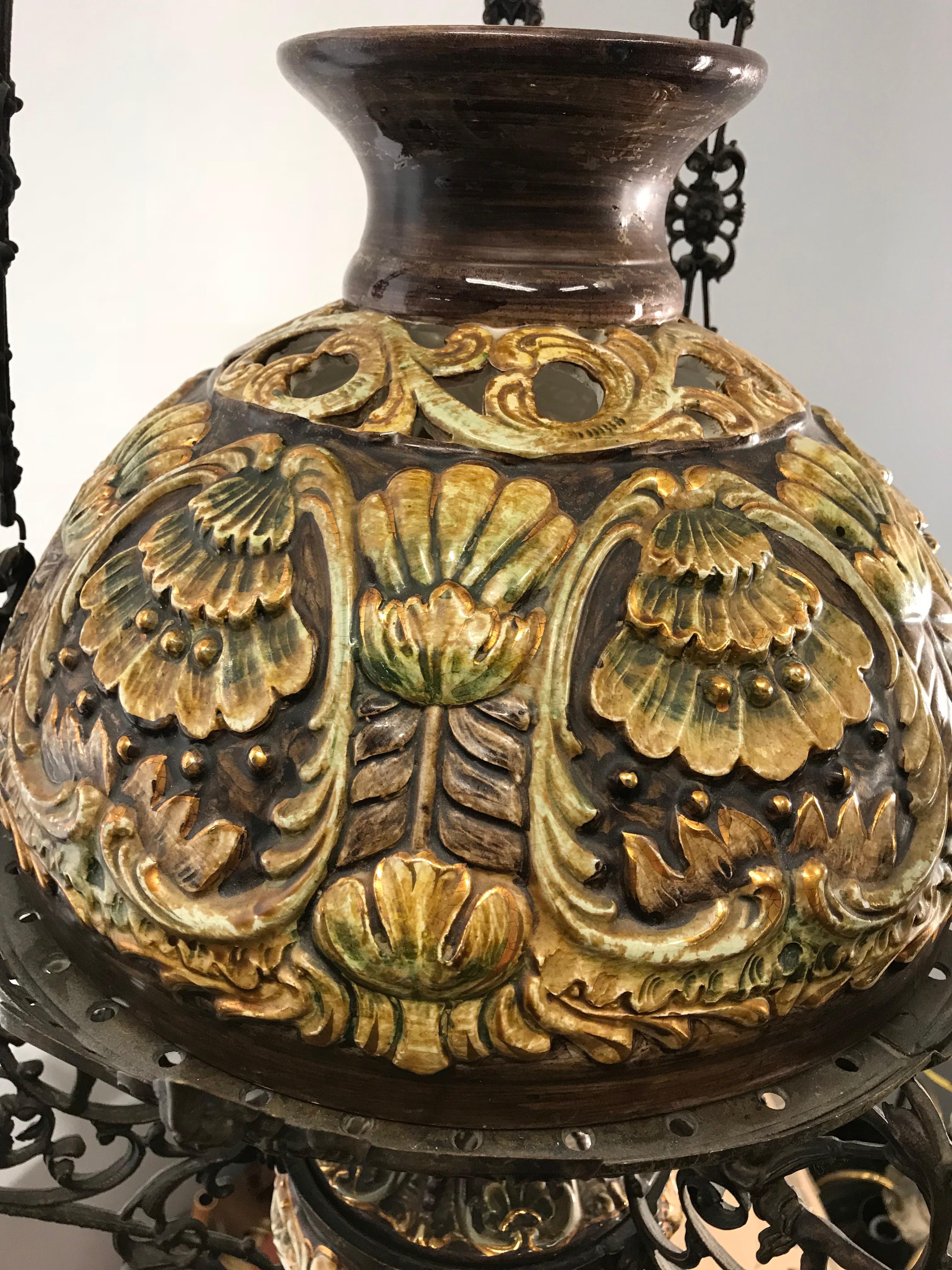 Hand-Painted Antique Bronze Oil Lamp with Six-Light Candle Chandelier & Rare Majolica Shade