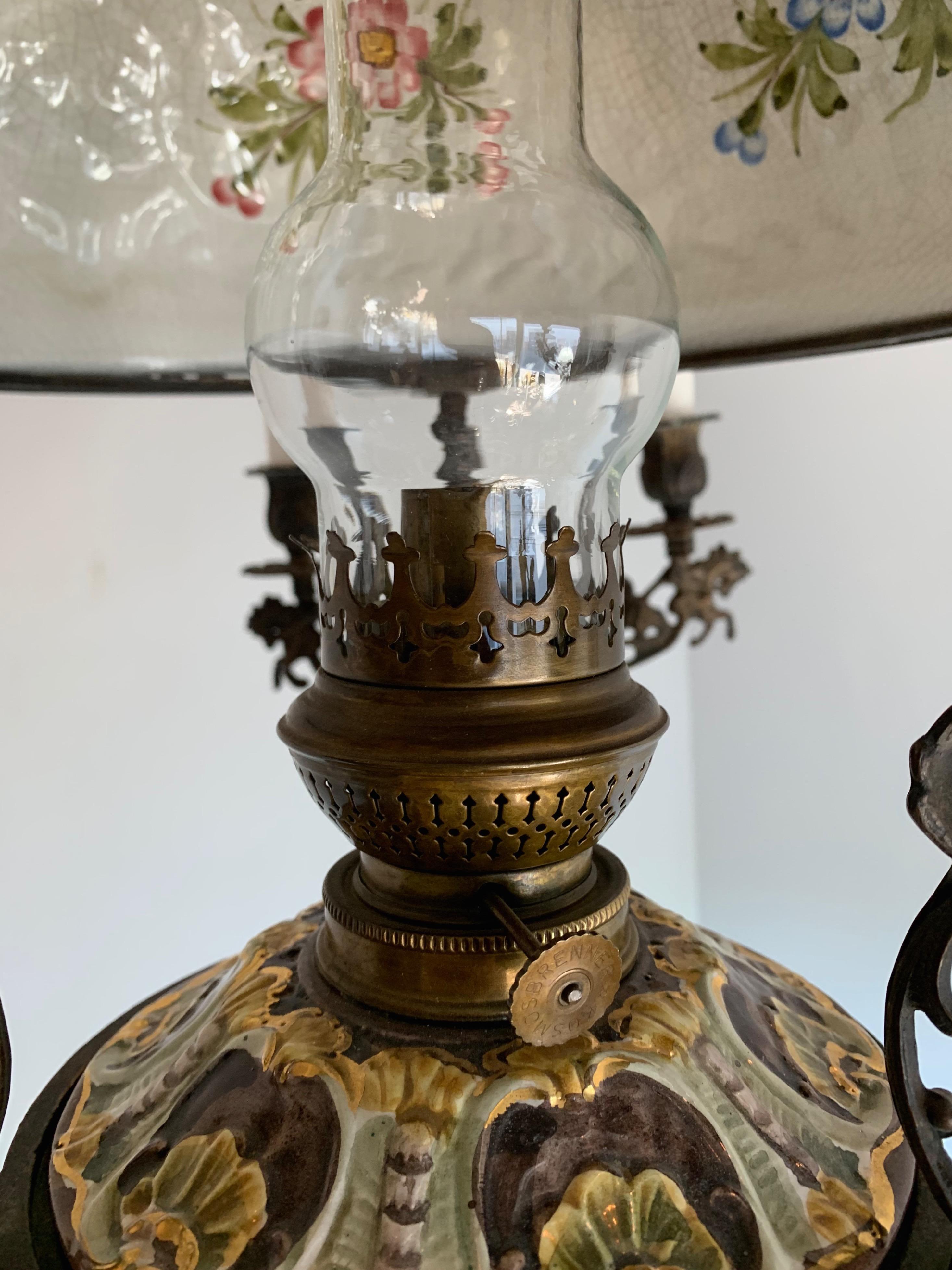 Hand-Crafted Antique Bronze Oil Lamp with Six-Light Candle Chandelier & Rare Majolica Shade
