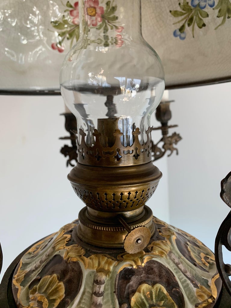 Antique Bronze Oil Lamp with Six-Light Candle Chandelier & Rare Majolica Shade For Sale 1